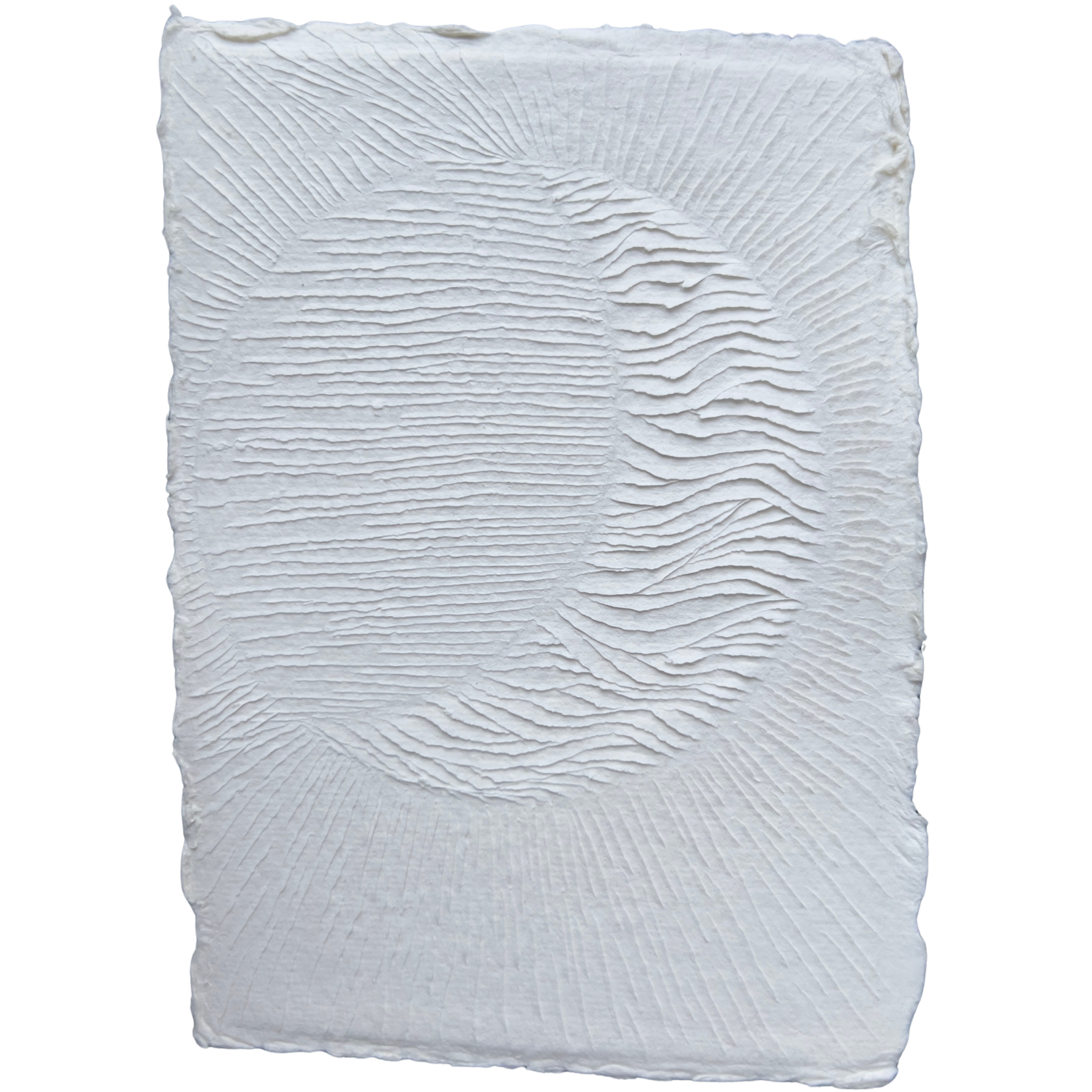 natural white cotton rag paper with surface carving creating a textured original artwork depicting a crescent shining brightly