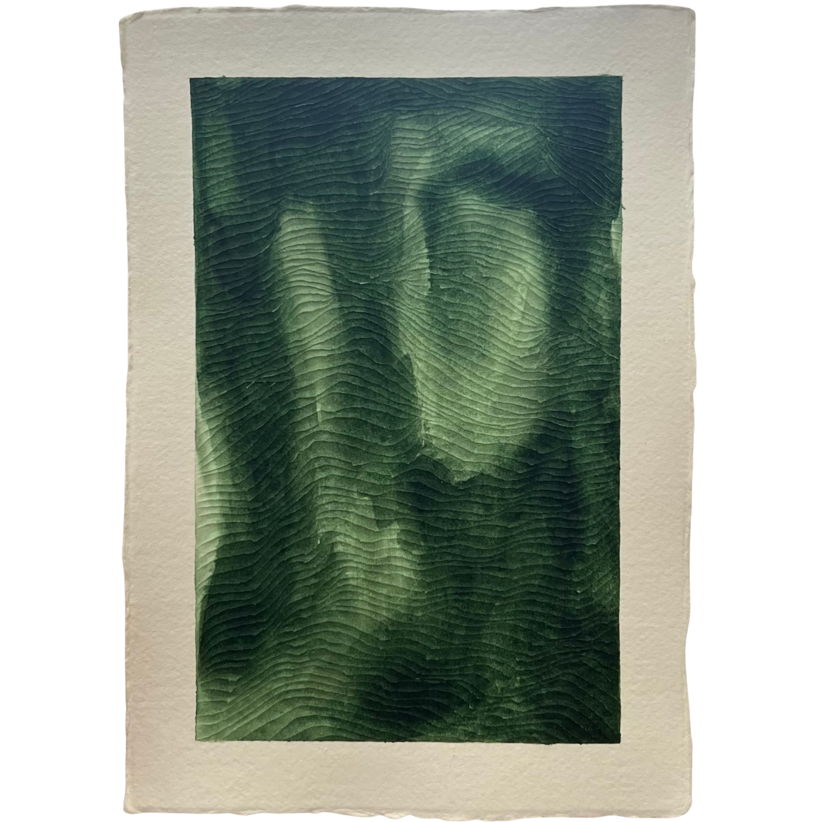 textural green painting on white paper with carvings