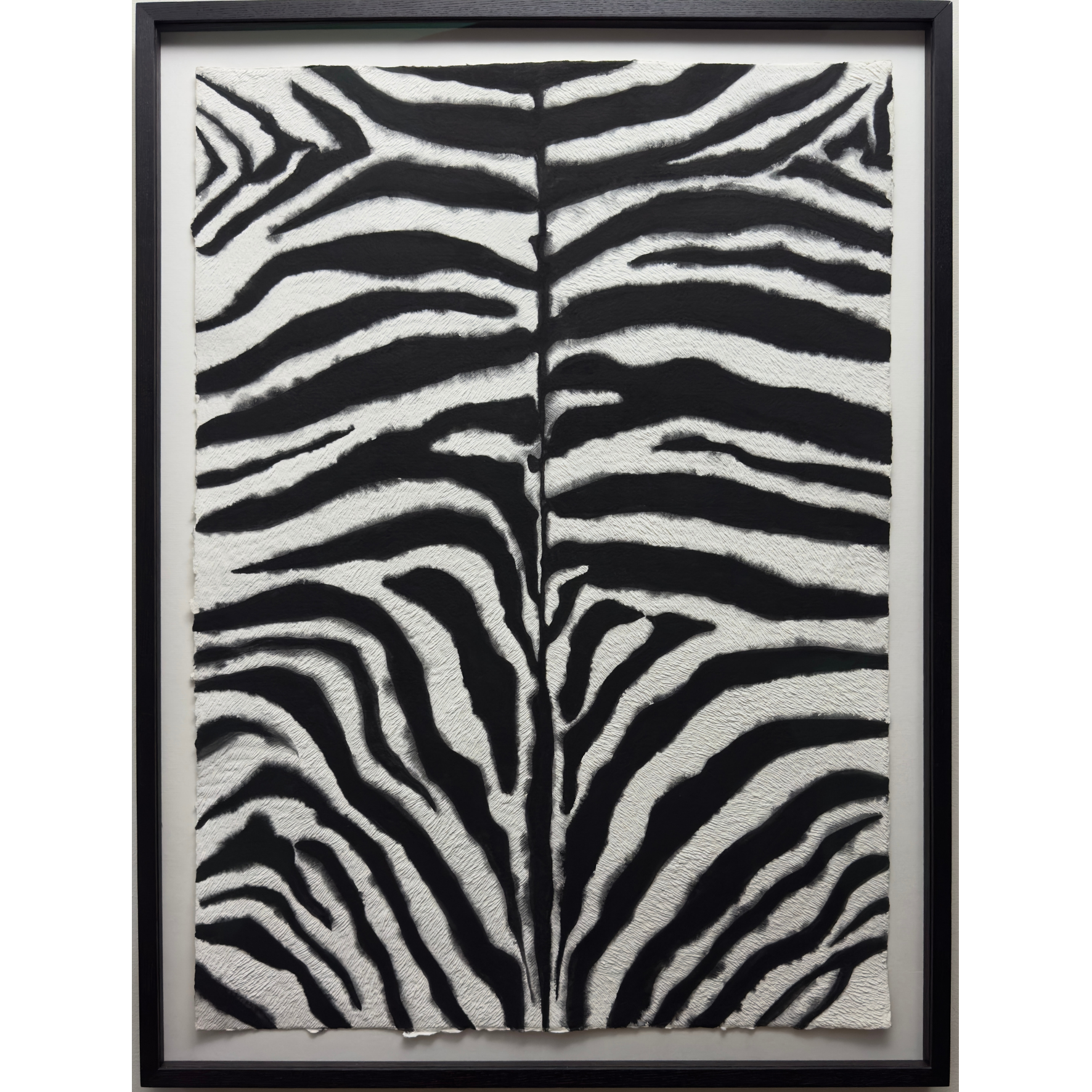 Zebra print original painting on paper with textured carvings representing the fur. In black stained ash wood frame and ArtGlass