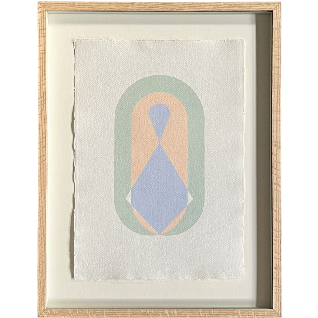 pastel colour geometric painting of a birthing vulva on paper. In bespoke oak frame with artglass