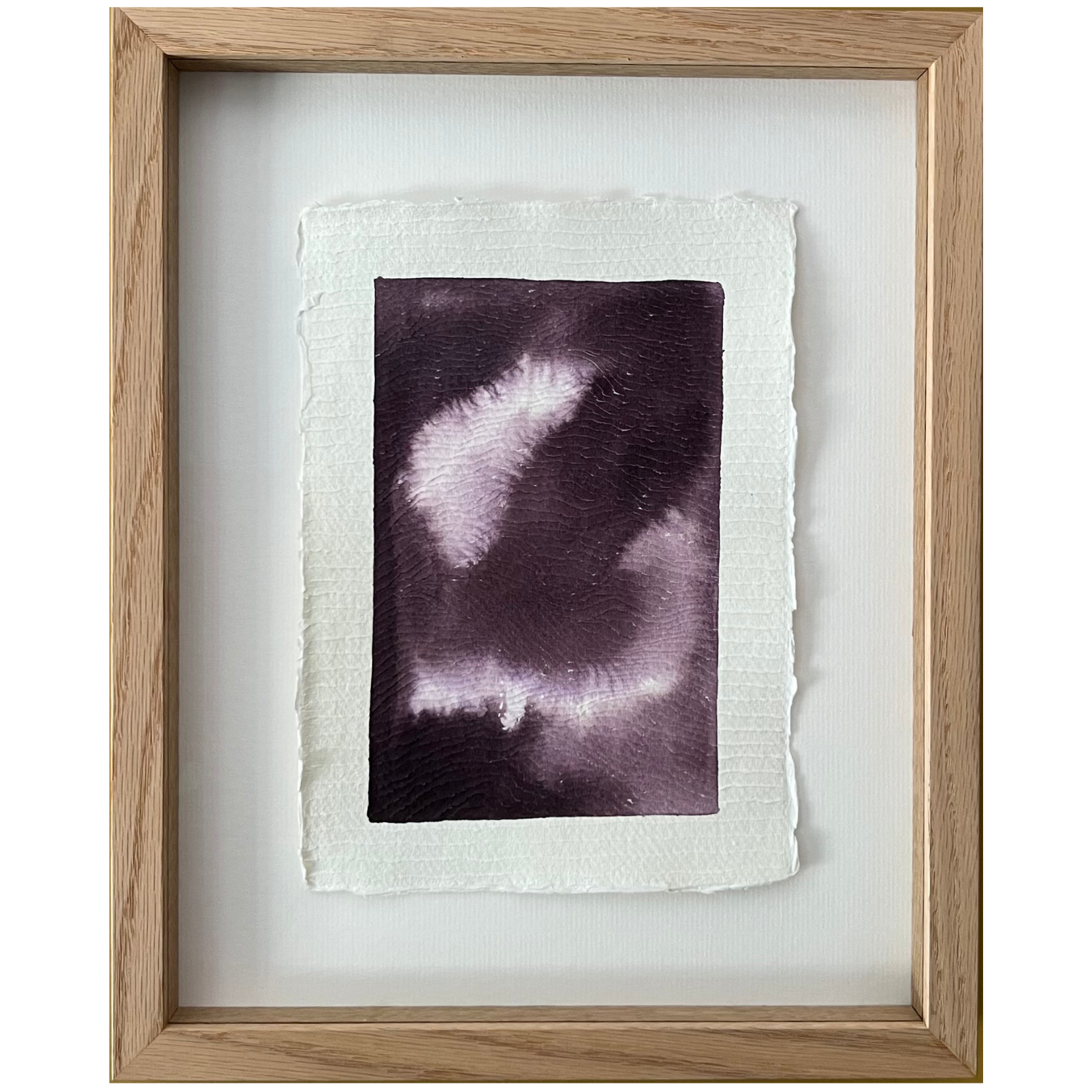 A moody deep violet acrylic painting and carving on cotton rag framed in oak with ArtGlass