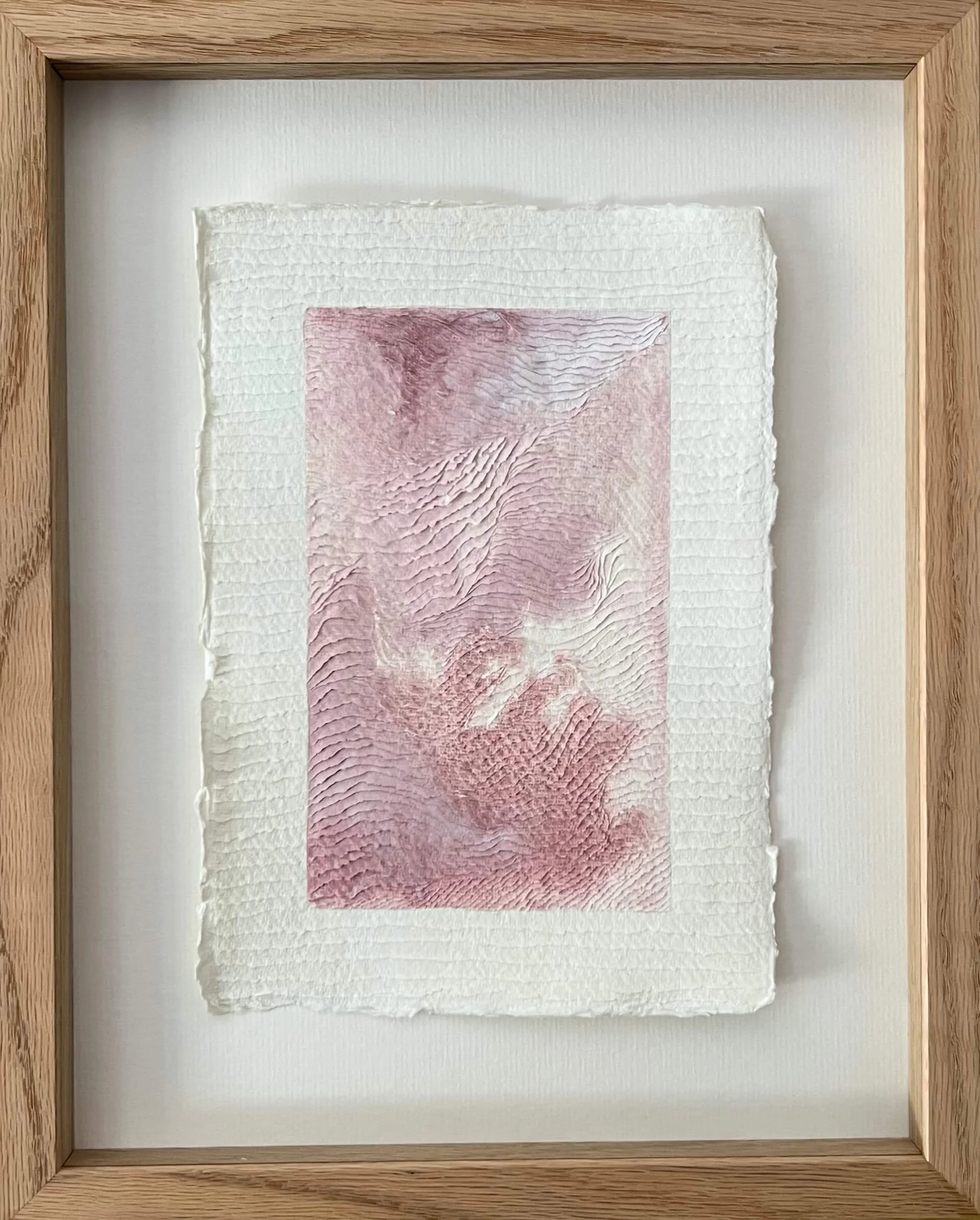 pretty pink and white painting with paper carvings, framed in oak