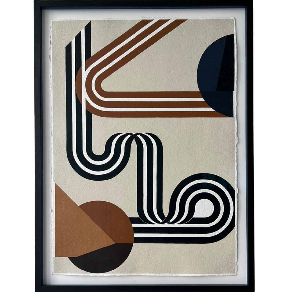 Hand painted flow lines create this mid-century art deco style artwork in muted dark blue, browns and mustard yellow shades.