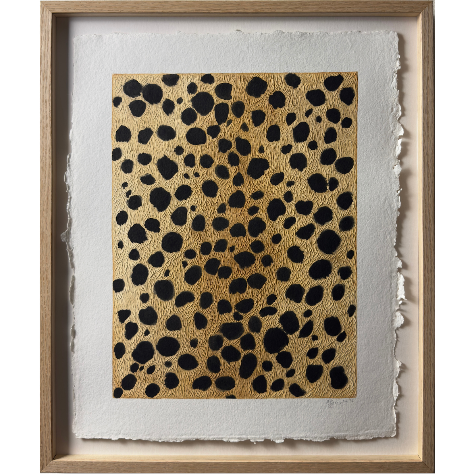 Cheetah print original painting on paper with textured carvings representing the fur. In ash wood frame and ArtGlass