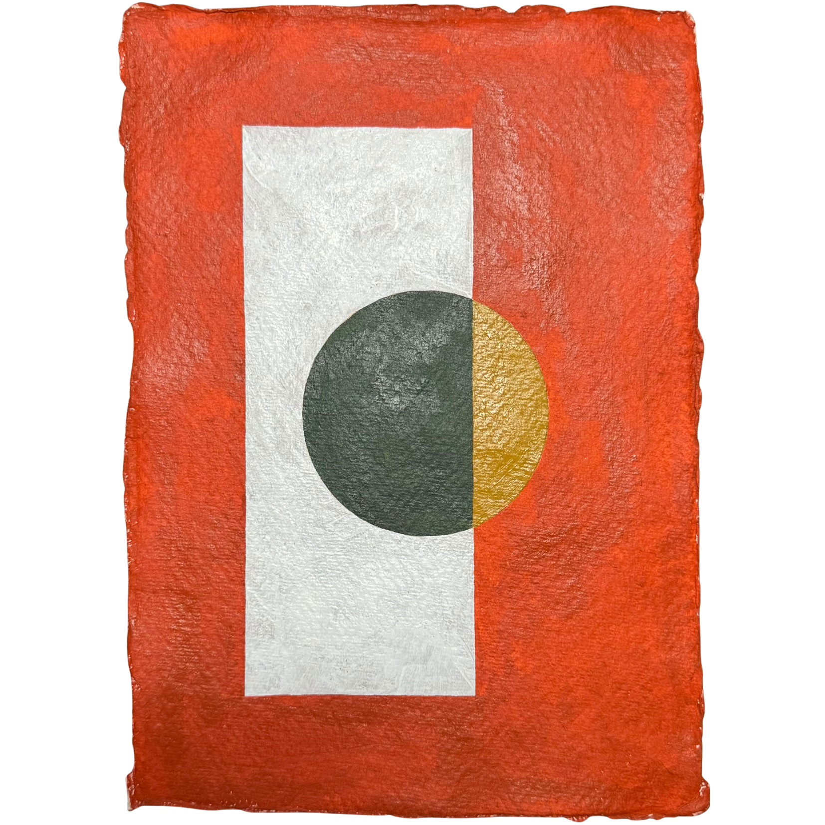 GEOMETRIC PAINTING STUDY IN RED, GREEN, MUSTARD YELLOW AND WHITE ACRYLIC ON COTTON RAG PAPER