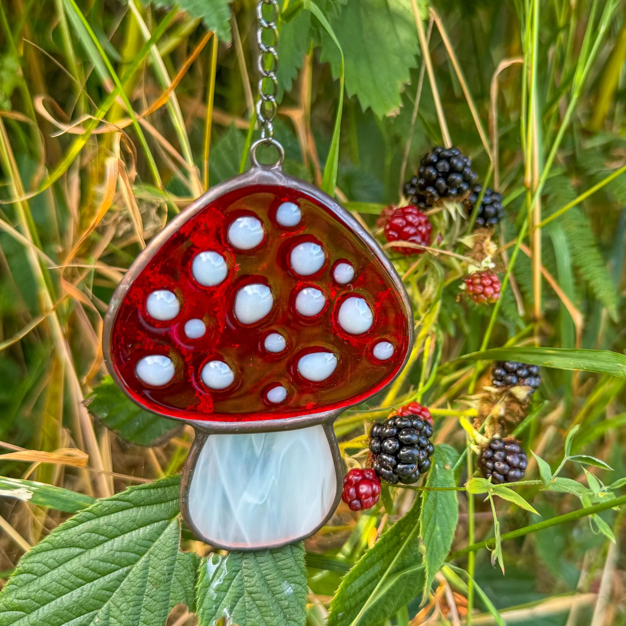 Whimsical woodland décor — stained glass red toadstool with fused glass detail