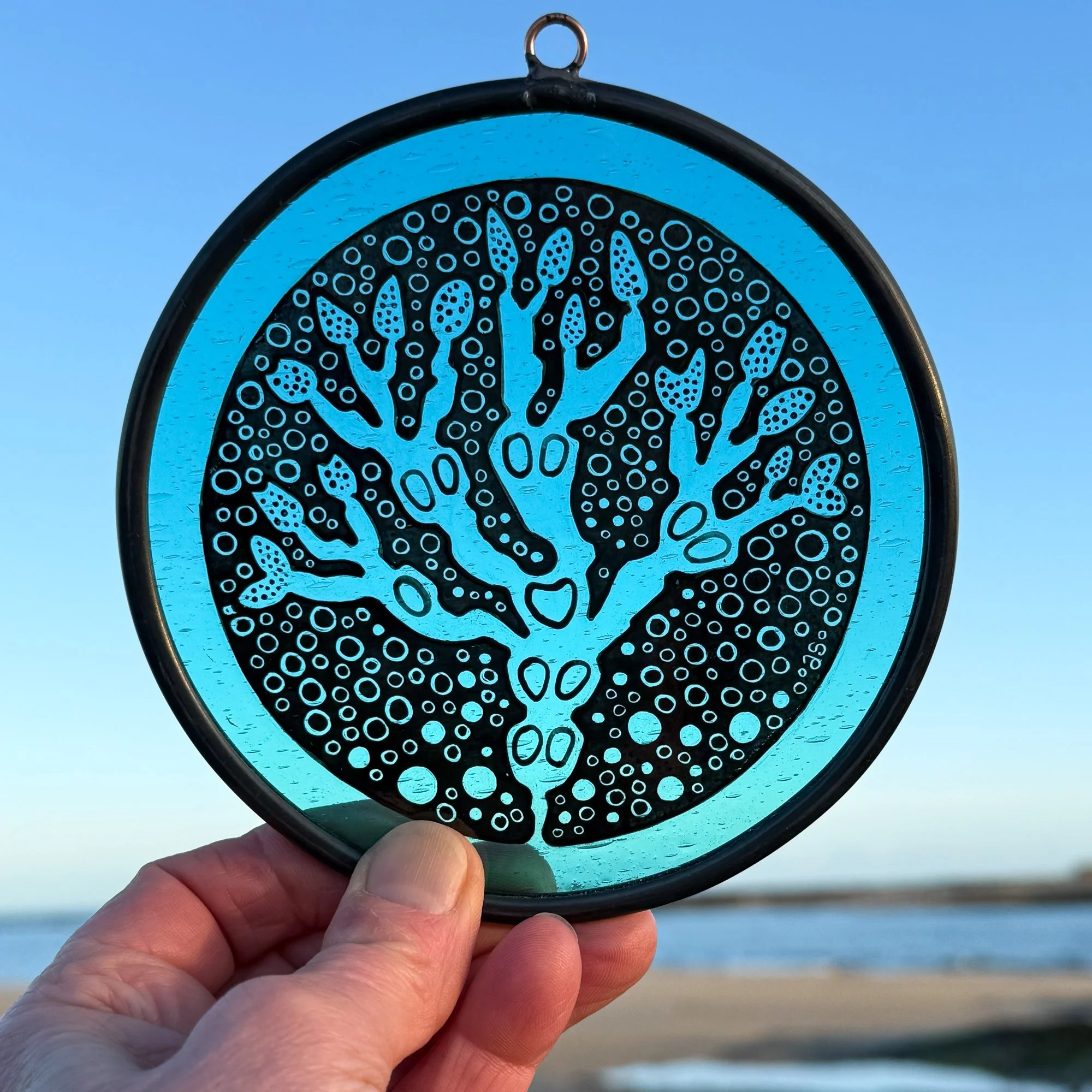 Bladderwrack seaweed stained glass roundel photographed in natural light at the beach that inspired the piece.