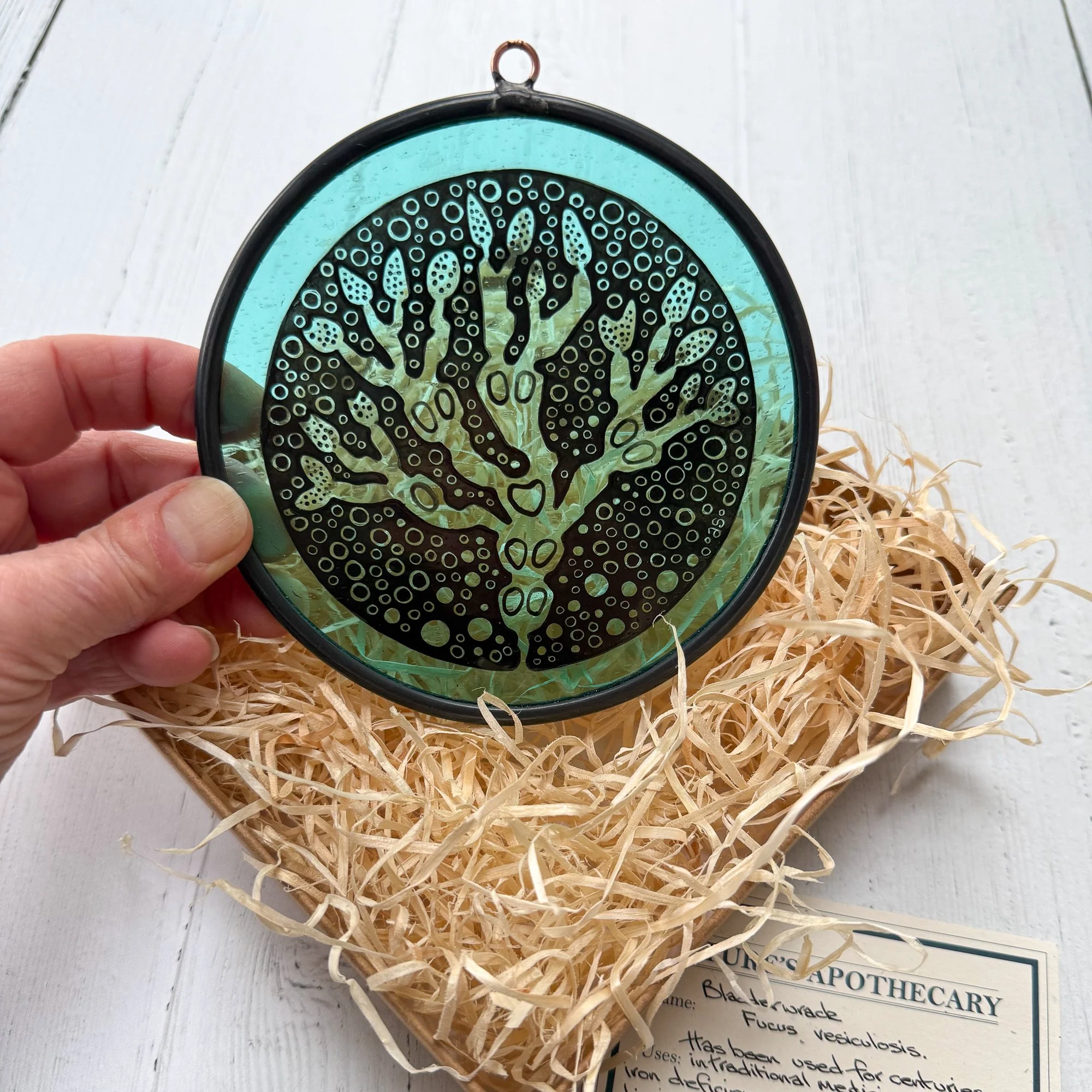 Handmade Irish stained glass roundel presented in an eco friendly, plastic free gift box