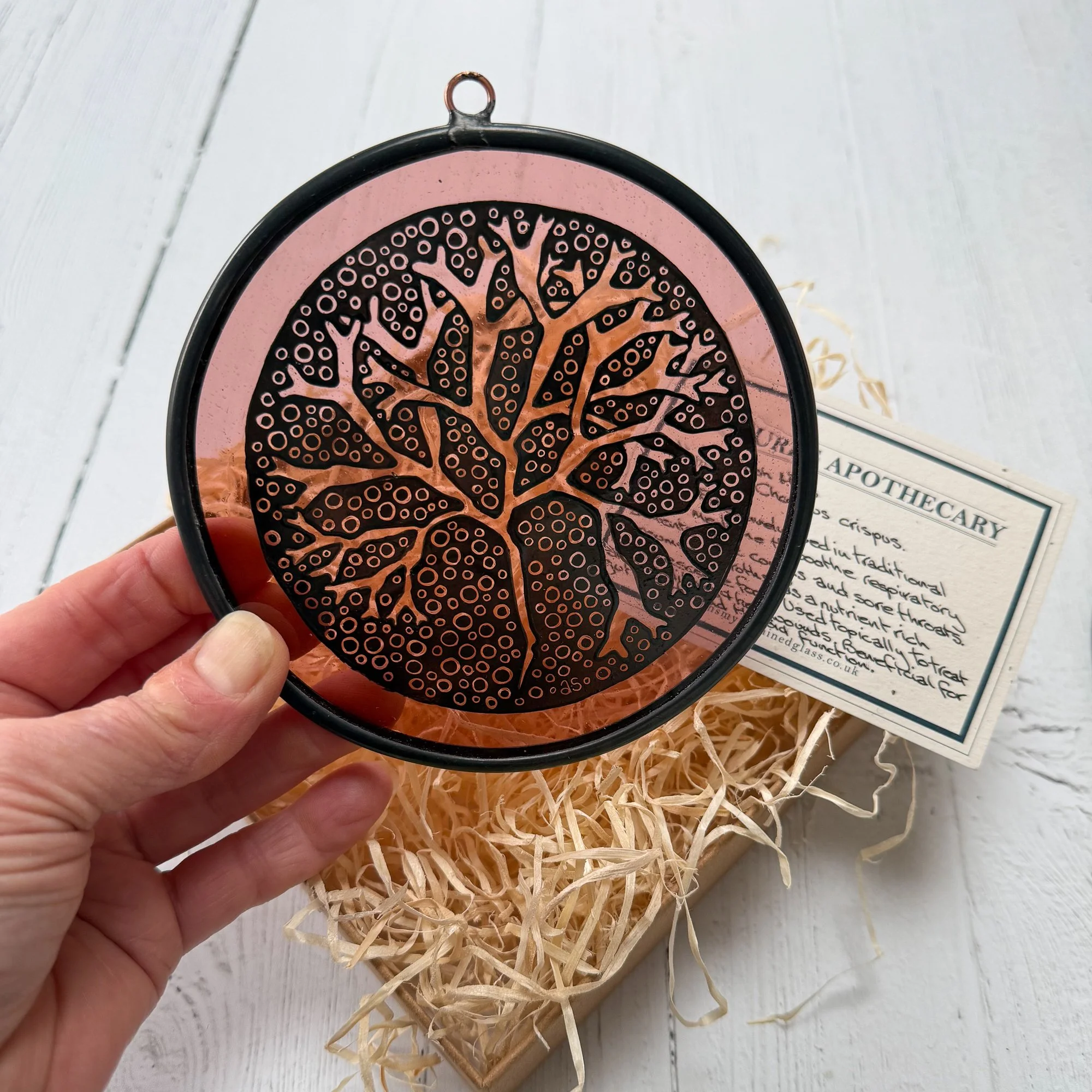 Handmade Irish stained glass roundel presented in an eco friendly, plastic free gift box