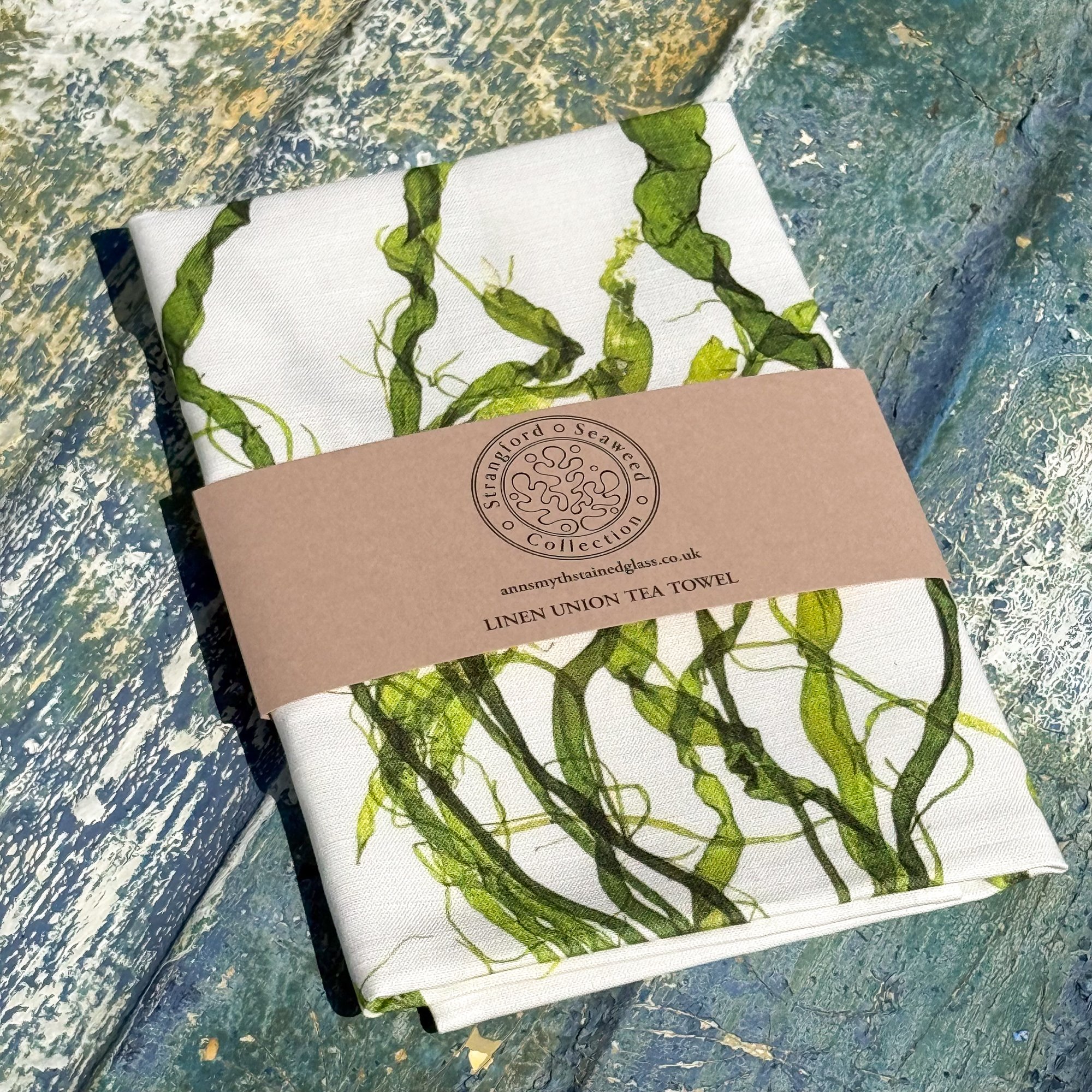 strangford seaweed collection tea towel with bespoke branding