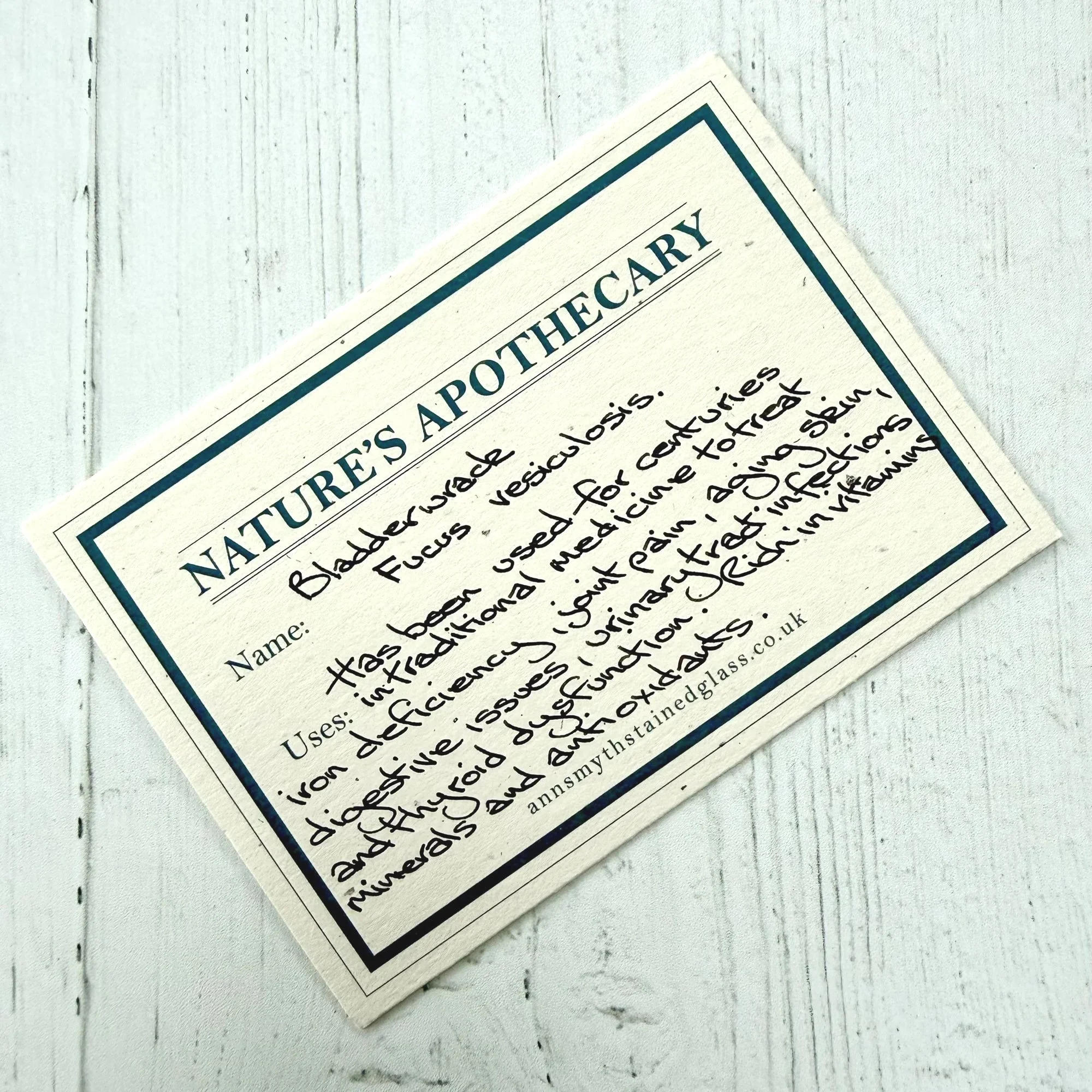 Hand written note included with each stained glass roundel describing the botanical's natural healing properties.