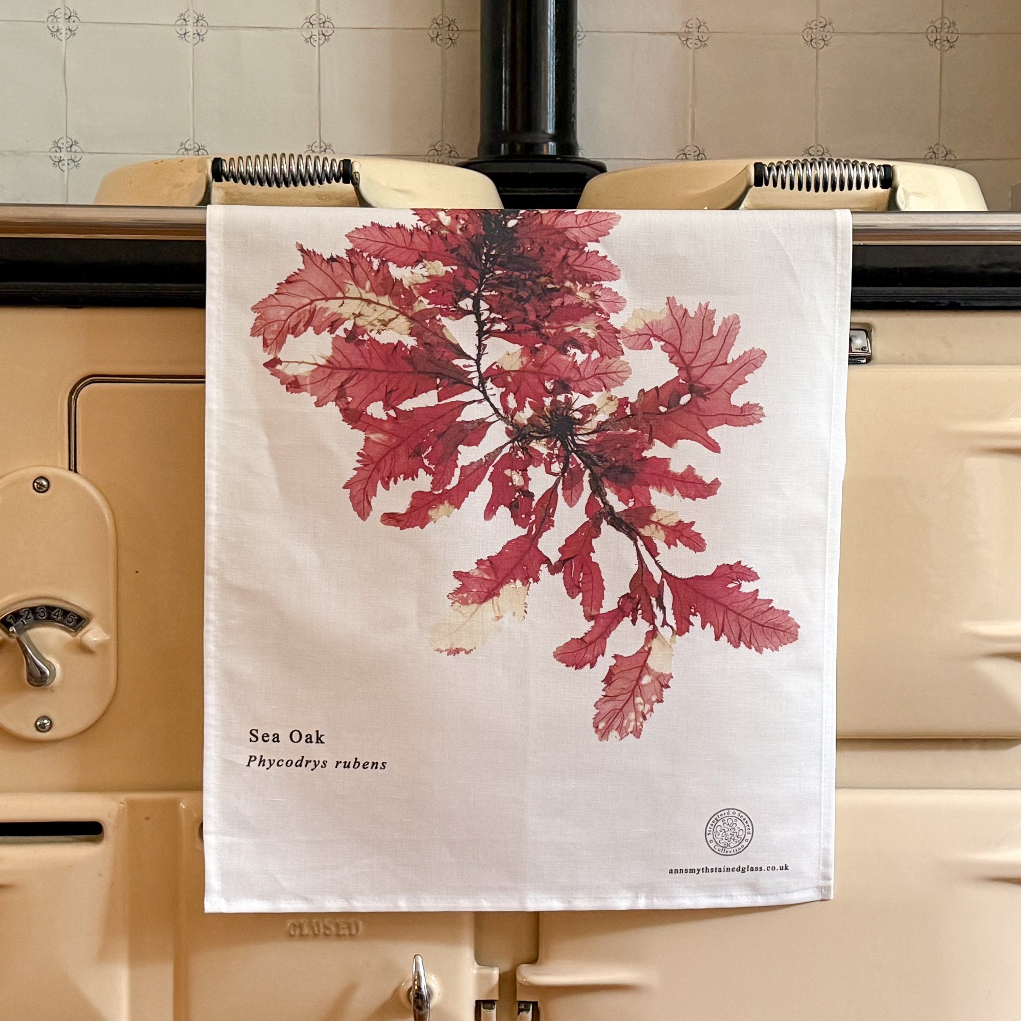 Linen union seaweed tea towel draped over rail of Aga