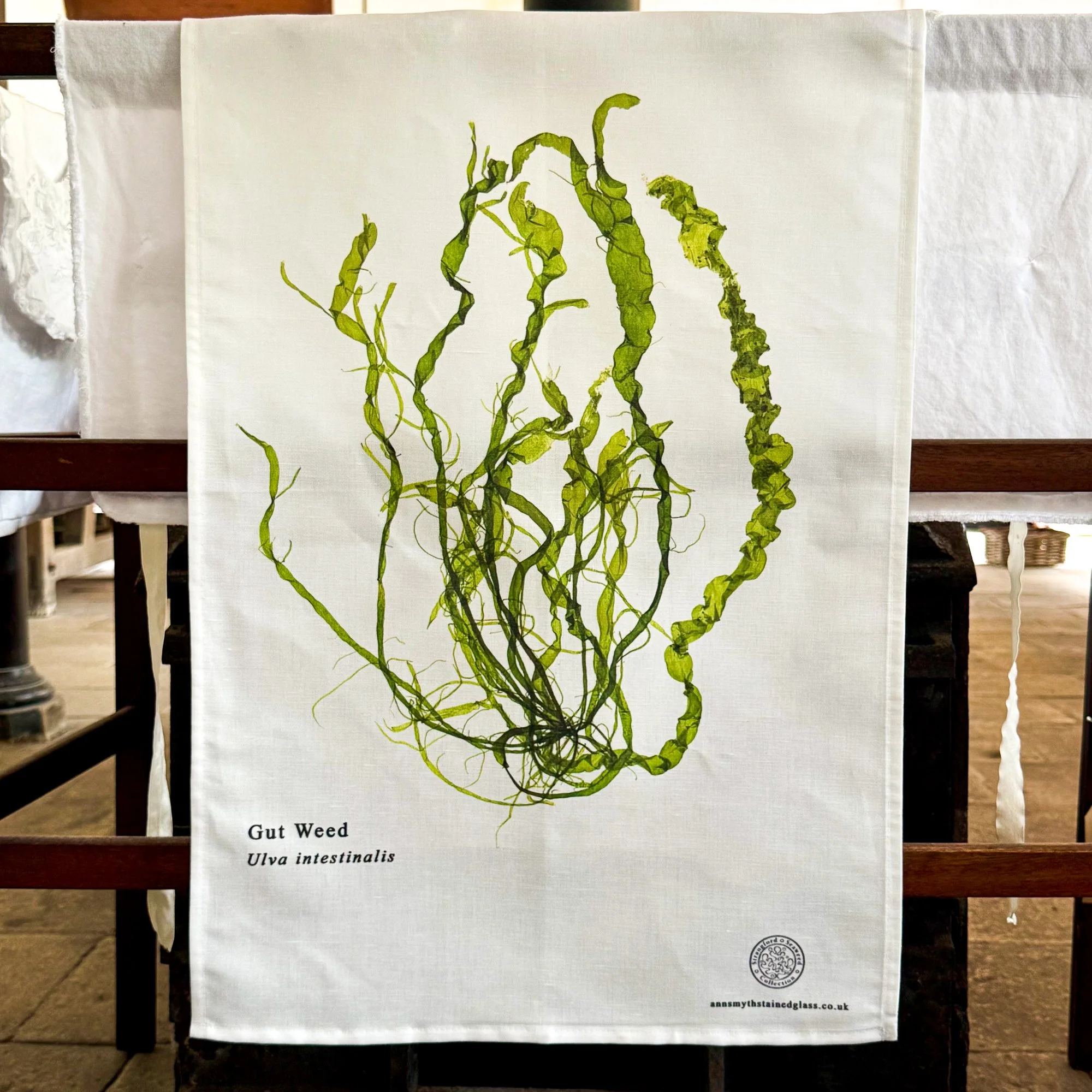 Seaweed linen union tea towel photographed in the old laundry at Castle ward