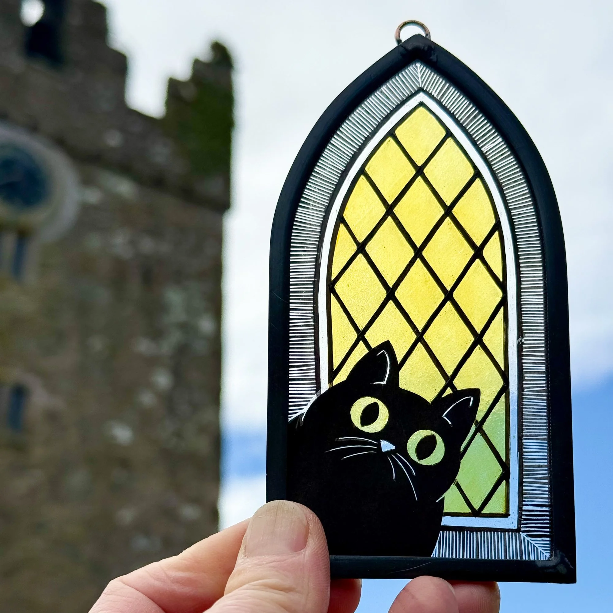 Church cat window decor photographed outside my studio
