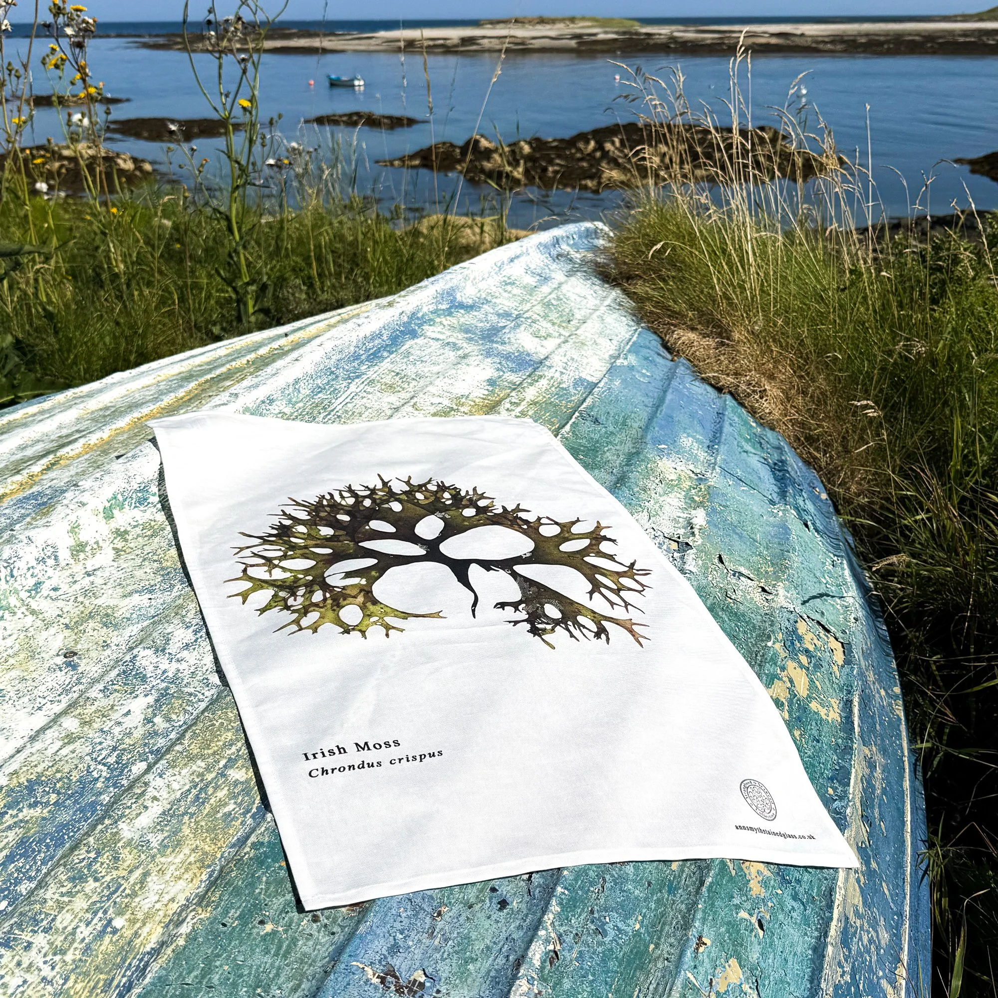 Irish moss tea towel photographed on the shores of Strangford Lough