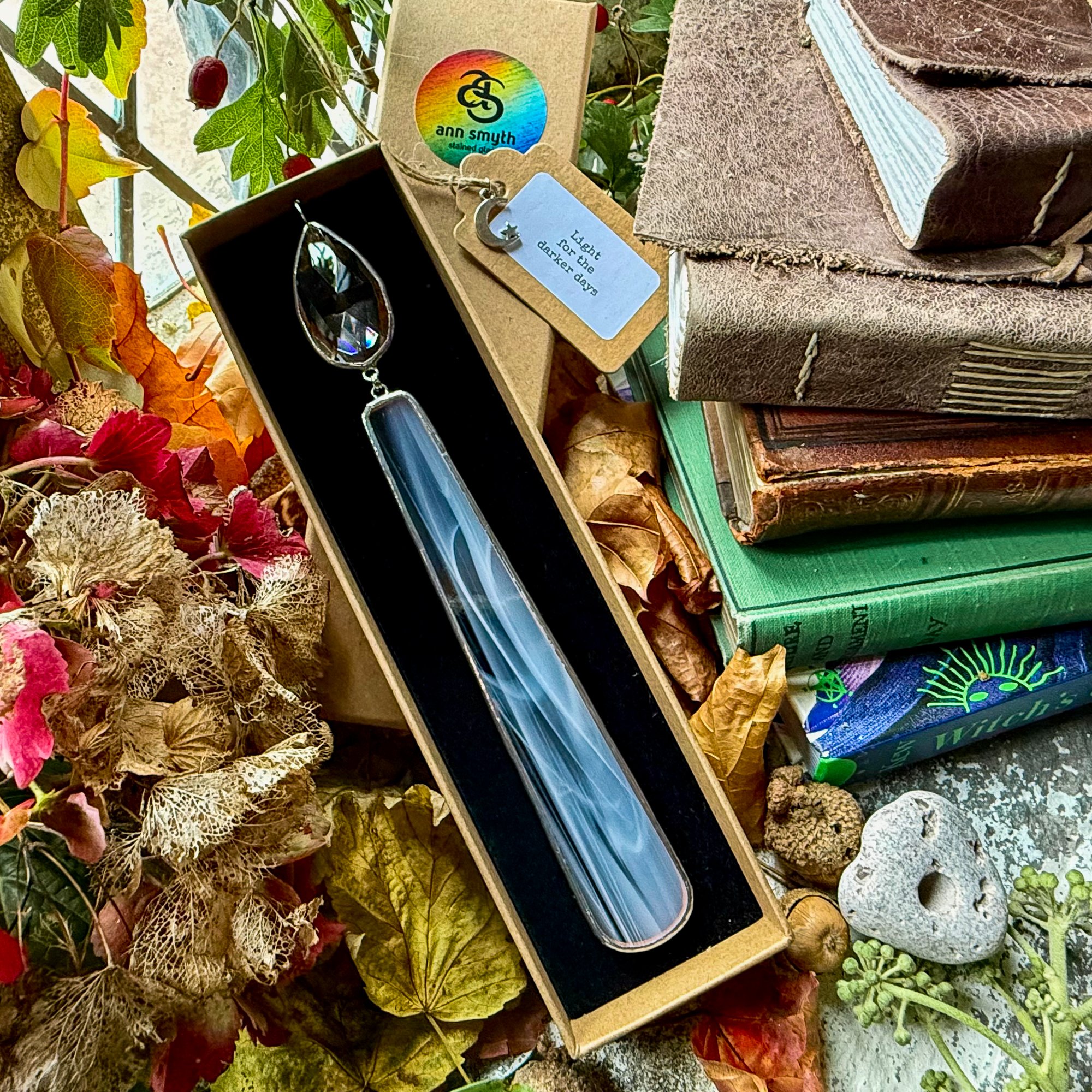 Stained glass candle with clear crystal flame presented in luxury Kraft gift box
