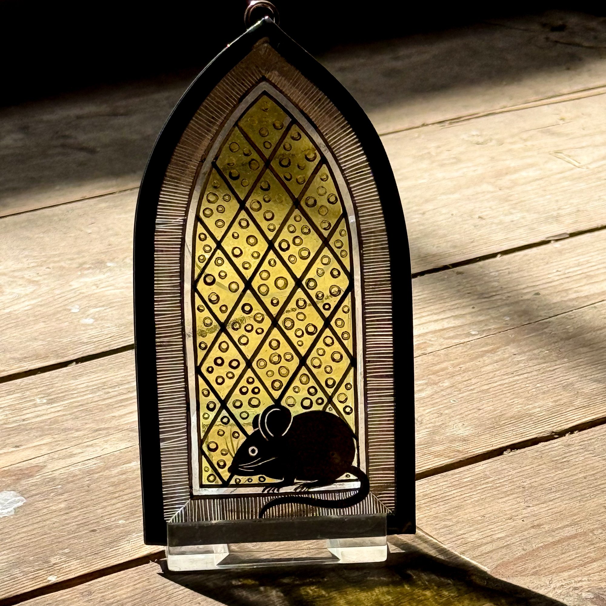 Stained glass church mouse, an original piece by Ann Smyth Stained Glass