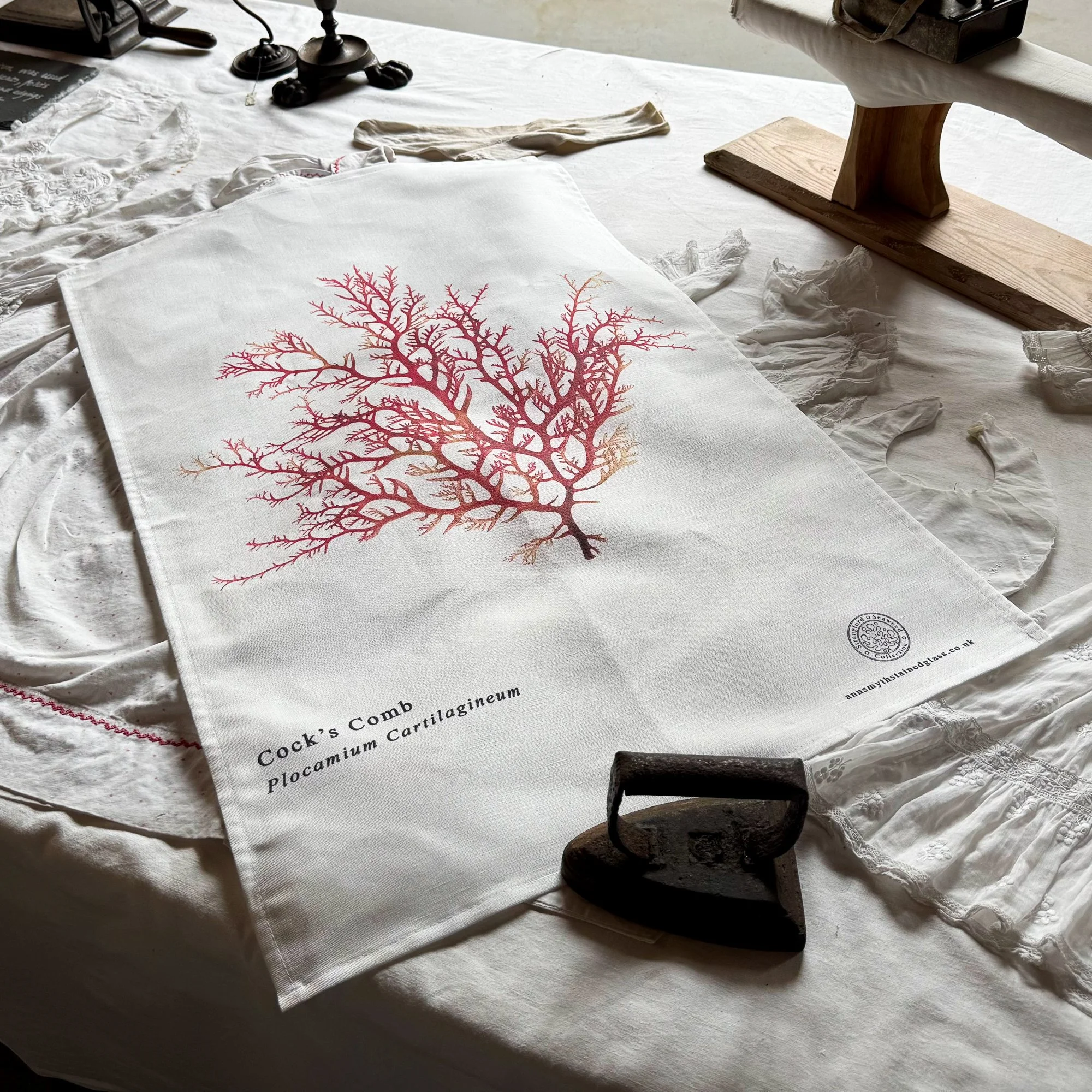 Linen union seaweed tea towel photographed in the old laundry at Castle Ward National Trust