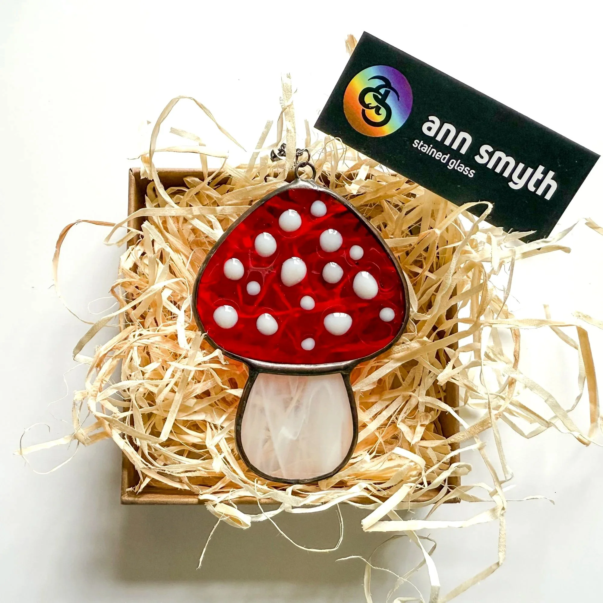 Eco-friendly gift boxed stained glass mushroom suncatcher, ready for gifting