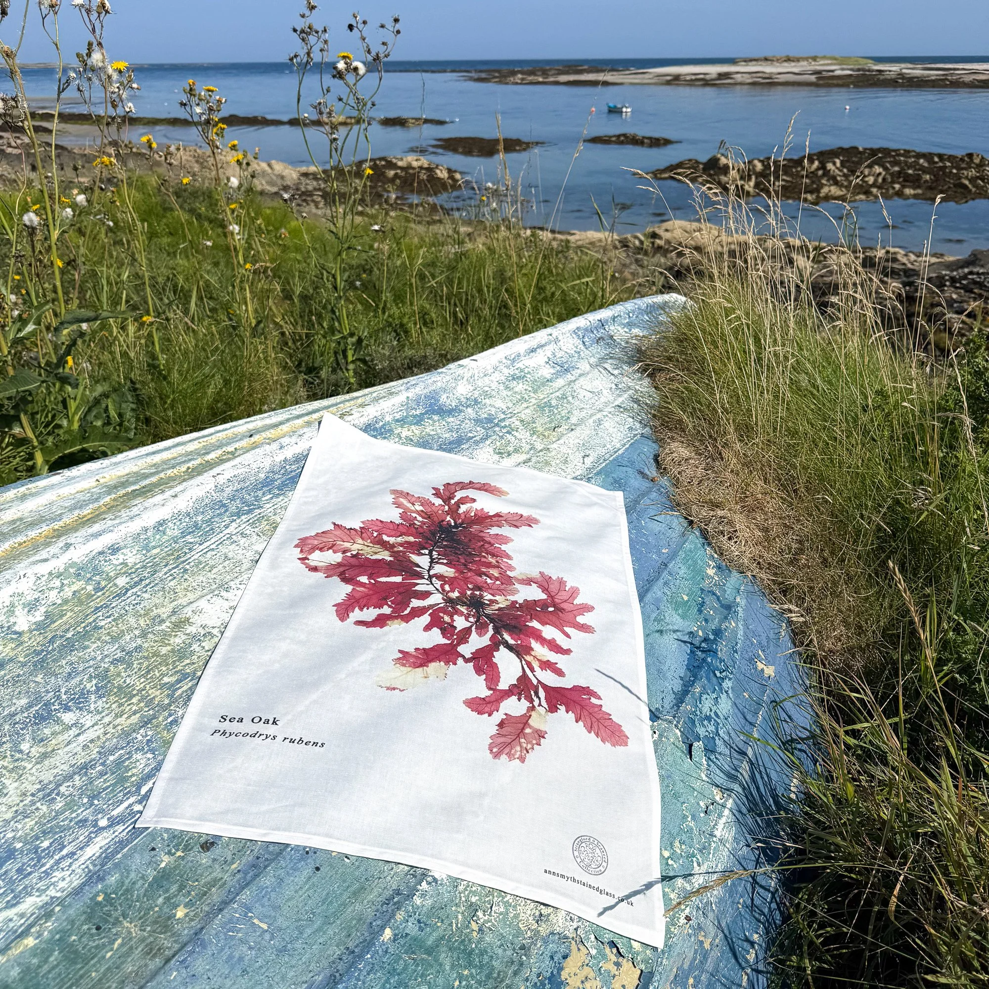 Sea Oak linen union tea towel photographed on an abandoned boat on the shores of Strangford Lough