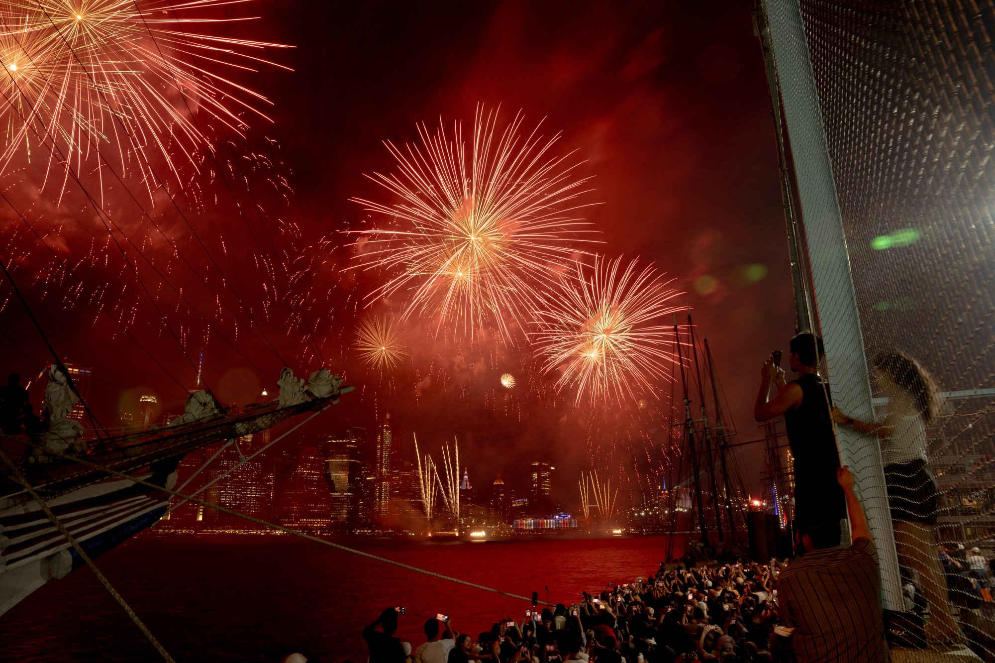 Crowds enjoy a fireworks show in honor of America's 250th Anniversary from Brooklyn Bridge Park in Brooklyn, N.Y. on Saturday, July 4, 2026.