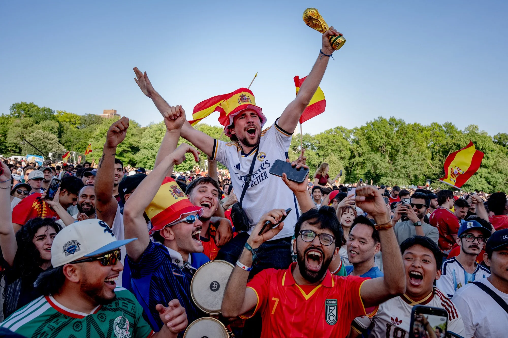 Spain fans celebrate their World Cup win at a watch party in Central Park, New York on July 19, 2026.
