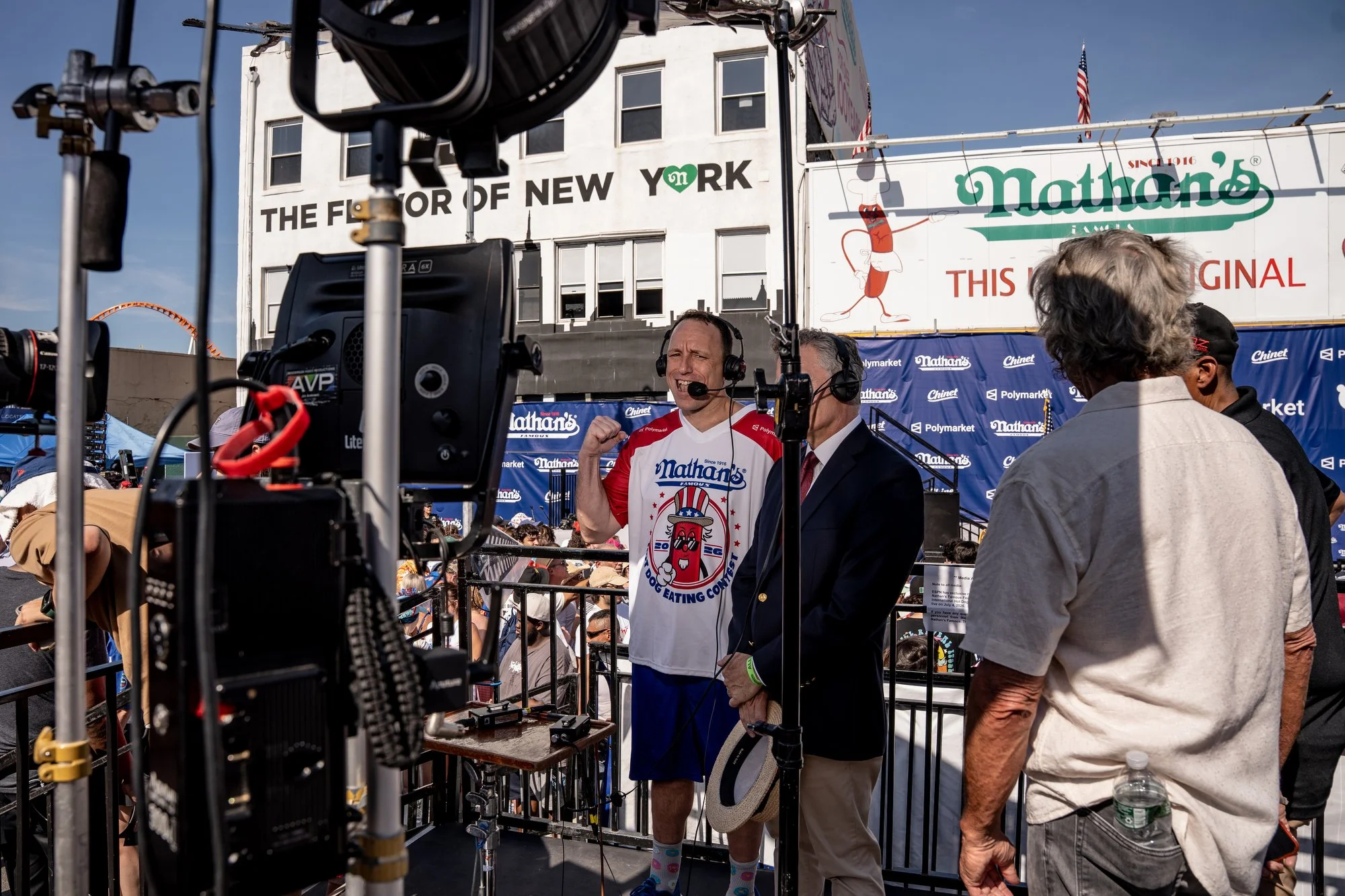 Joey Chestnut, Major League Eating's top-ranked eater in the world, speaks with the media ahead of the 2026 Nathan’s Famous Fourth of July hot dog eating contest in Coney Island, Brooklyn, N.Y. on Saturday, July 4, 2026.