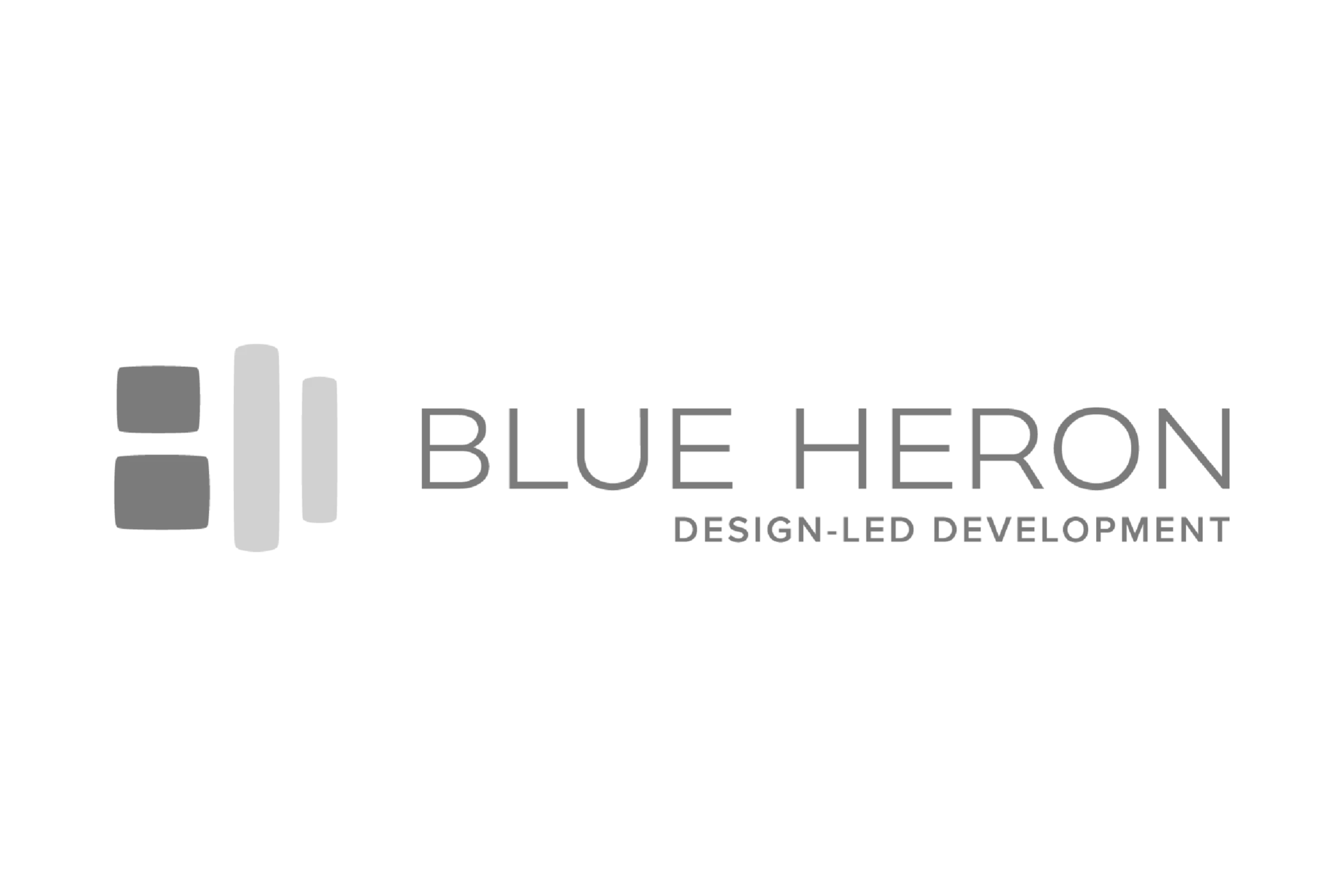 The logo for Blue Heron Design-Led Development featuring stylized vertical bars in black, light gray, and dark gray, with the company name in black text and a tagline below reading 'Design-Led Development'.