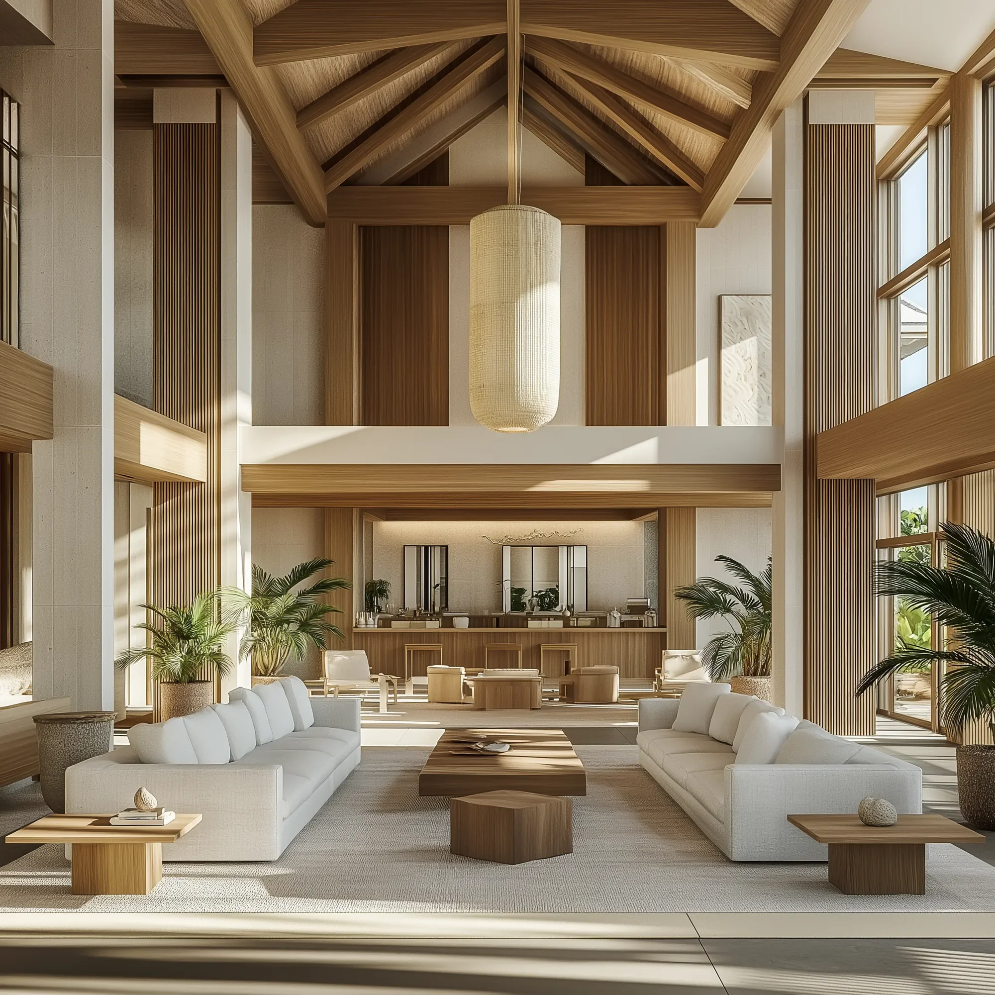 A modern living room with white sectional sofa, wooden coffee tables, large windows, and indoor plants.