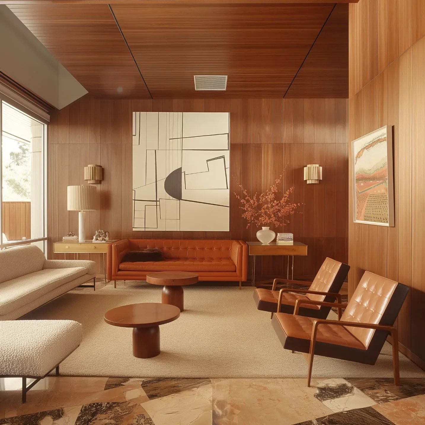 Mid-century modern living room with wooden paneled walls and ceiling, beige and orange sofas, wooden lounge chairs, two side tables, a large abstract art piece, a vase with branches, and a window letting in natural light.
