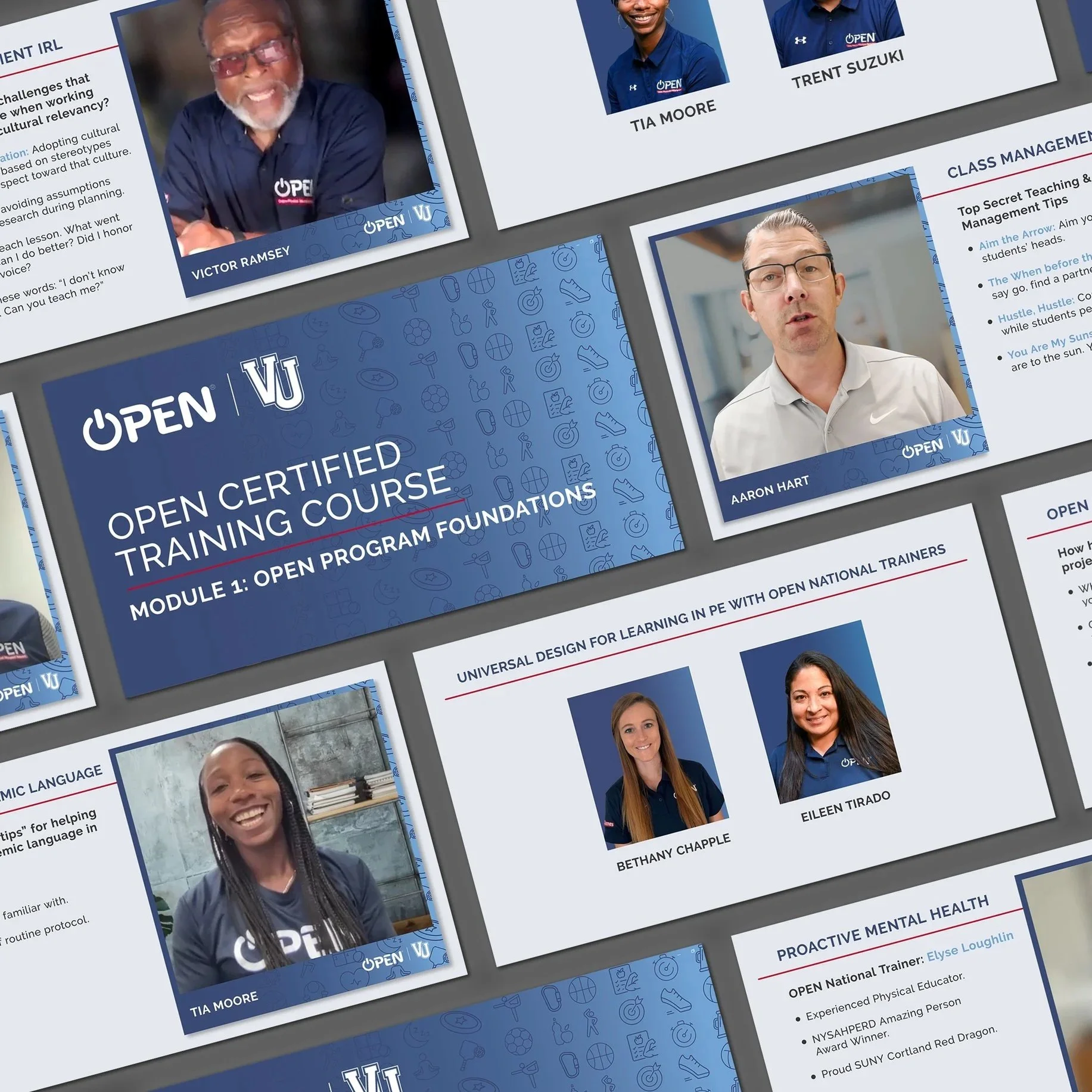 Digital collage of promotional slides for an open certified training course. Features photos and names of trainers, including Victor Ramsey, Tia Moore, Trent Suzuki, Aaron Hart, Bethany Chapple, Eileen Tirado, and Elyse Loughlin. The slides include c