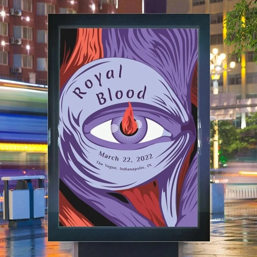 A poster with stylized purple, red, and black artwork featuring an eye at the center, with the phrase "Royal Blood" above it and the date "March 22, 2022," along with the location "The Vogue, Indianapolis, IN" below.