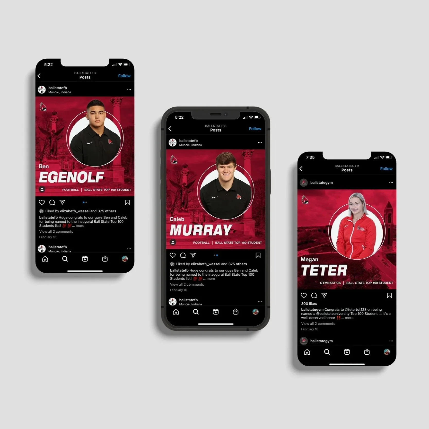 Screenshots of social media posts featuring students from Ball State University, including Ben Egenolf, Caleb Murray, and Megan Teter, with backgrounds of the university campus and a maroon-themed design.