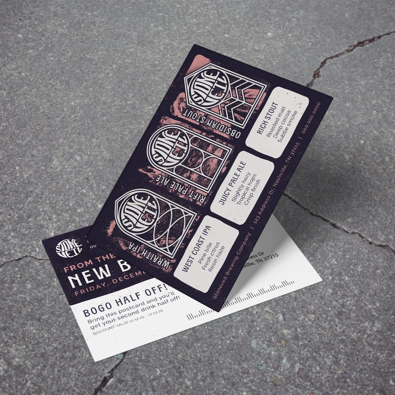 Close-up of a window cling and a receipt on a gray concrete surface. The window cling advertises a local brewery's beer and promotion, with a black background, white logo, and promotional details. The receipt appears to be from a restaurant or bar, f
