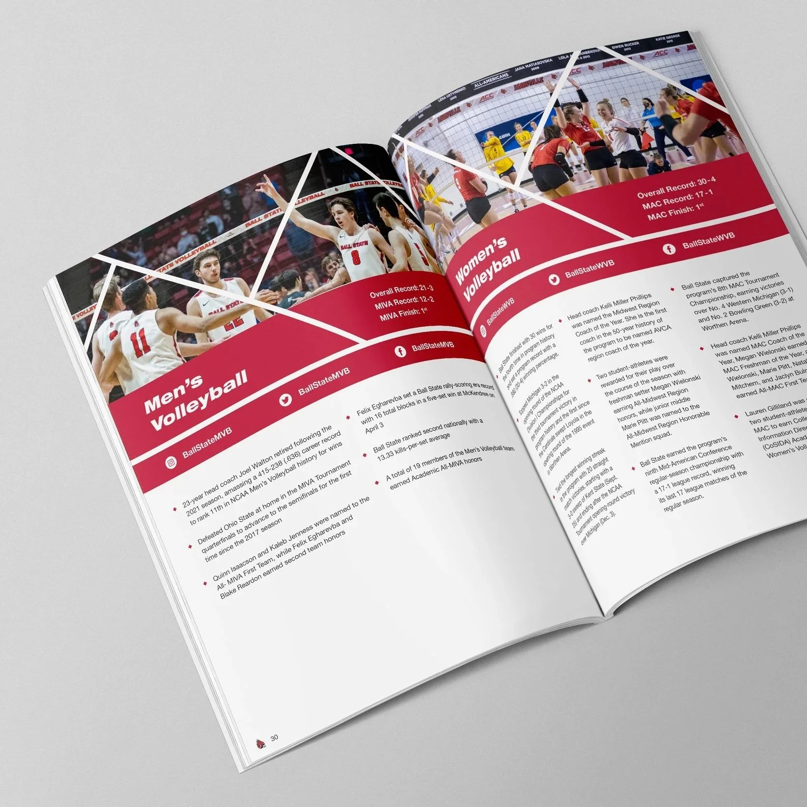 Open magazine showing pages on women's volleyball with team photos and statistics, resting on a white surface.