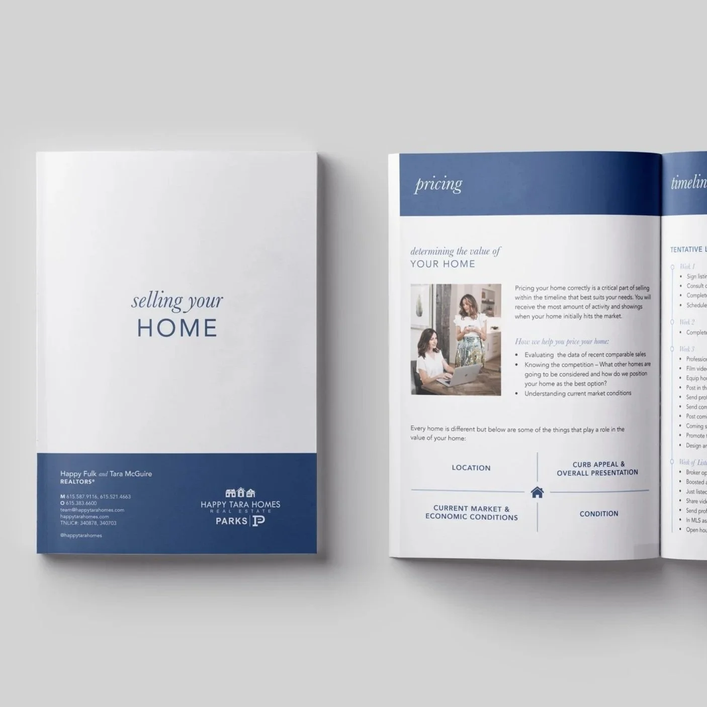 Brochure titled 'selling your HOME' with contact information for Happy Tara Homes at the bottom of the front cover and an inside page showing information about pricing and valuing the home, including a photo of two women with a laptop.