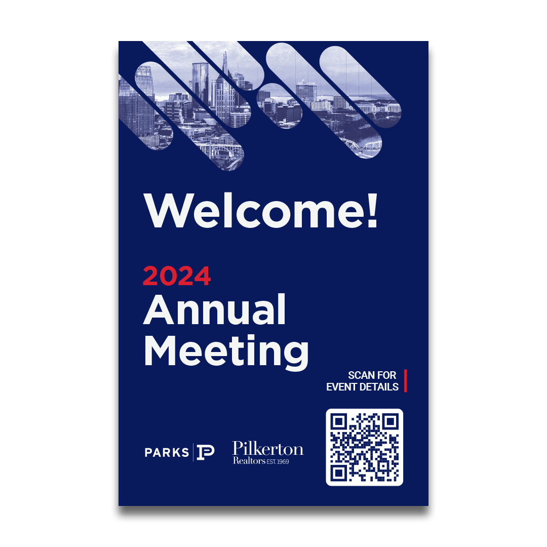 A flyer for the 2024 annual meeting, featuring a city skyline and a QR code for event details.