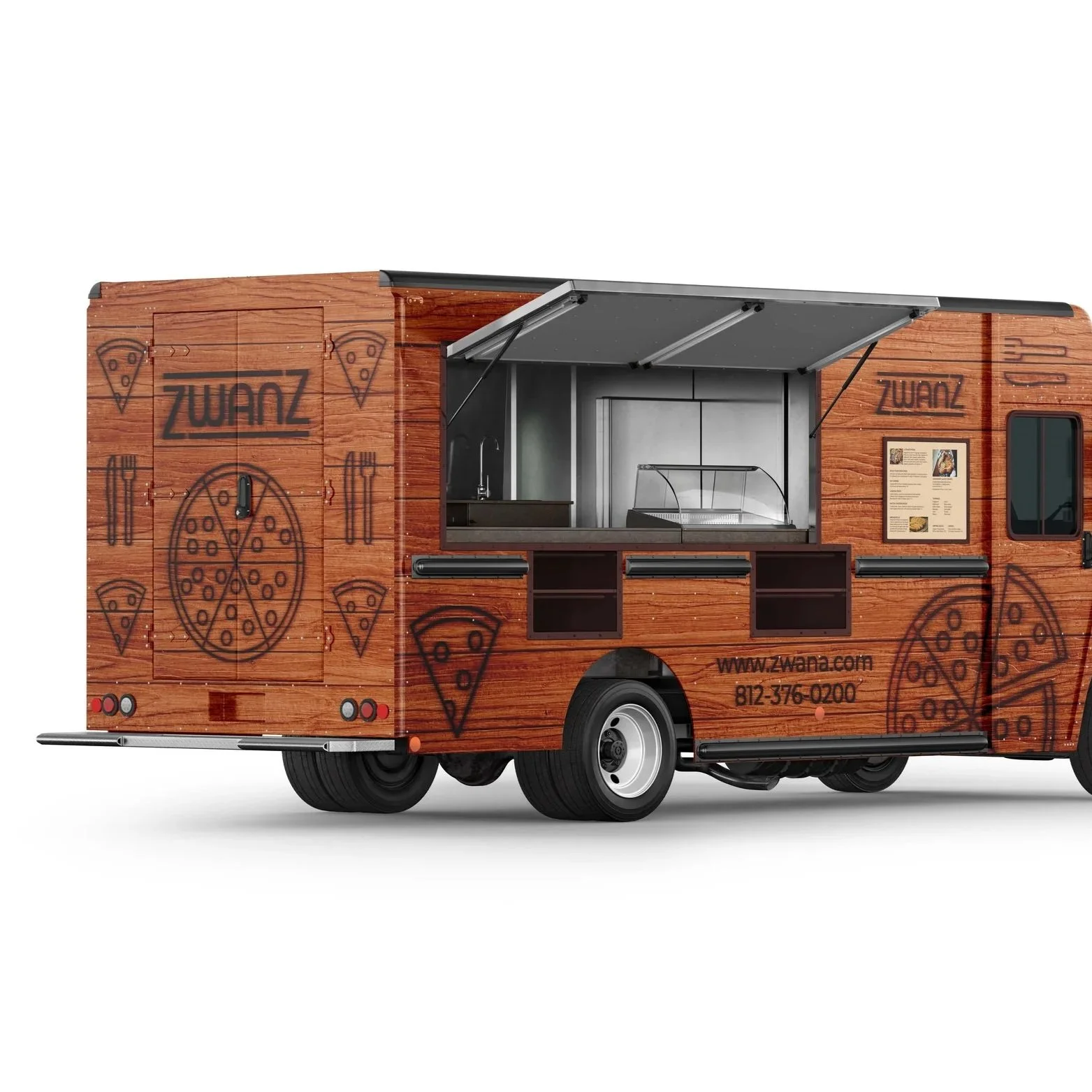 A food truck with a wood exterior decorated with pizza and utensil illustrations, featuring an open service window with a countertop and menu, branded with 'ZWANZ' and website URL.