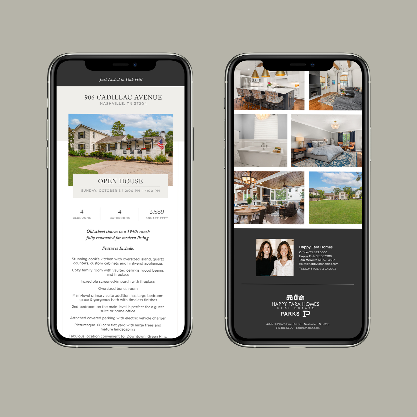 Two smartphones displaying real estate listings for a house on Cadillac Avenue in Nashville, TN, including interior and exterior photos, property details, open house information, and contact details for the real estate agent.