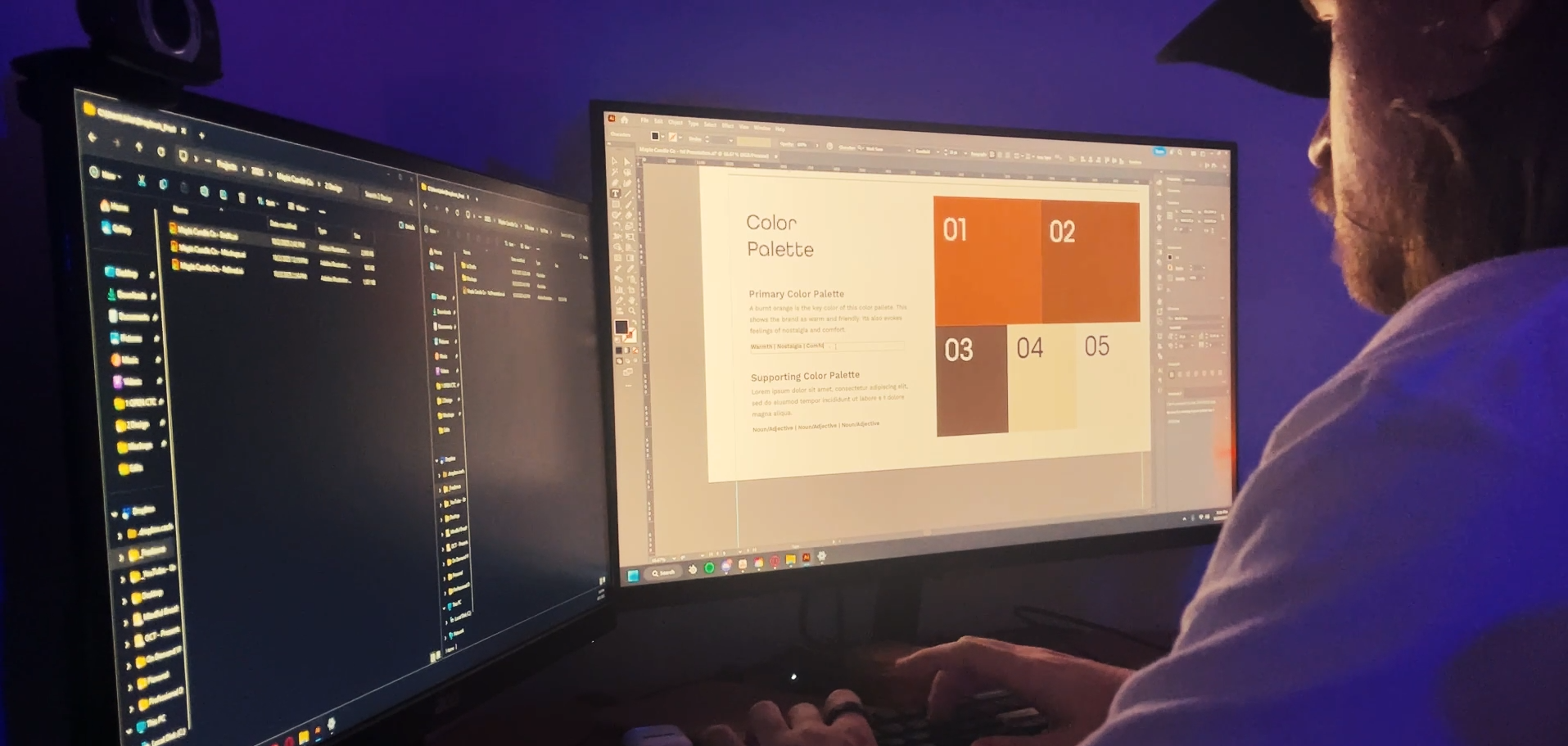 A person working at a computer with dual monitors, one displaying a file explorer and the other showing a color palette presentation on Adobe Photoshop or Illustrator.