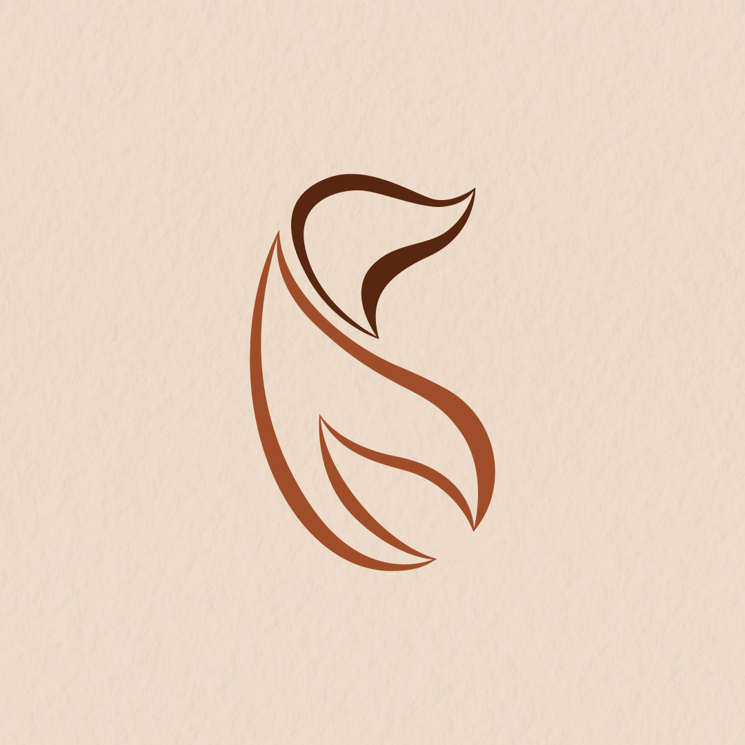 Stylized fox outline logo with brown and orange lines on a beige background.