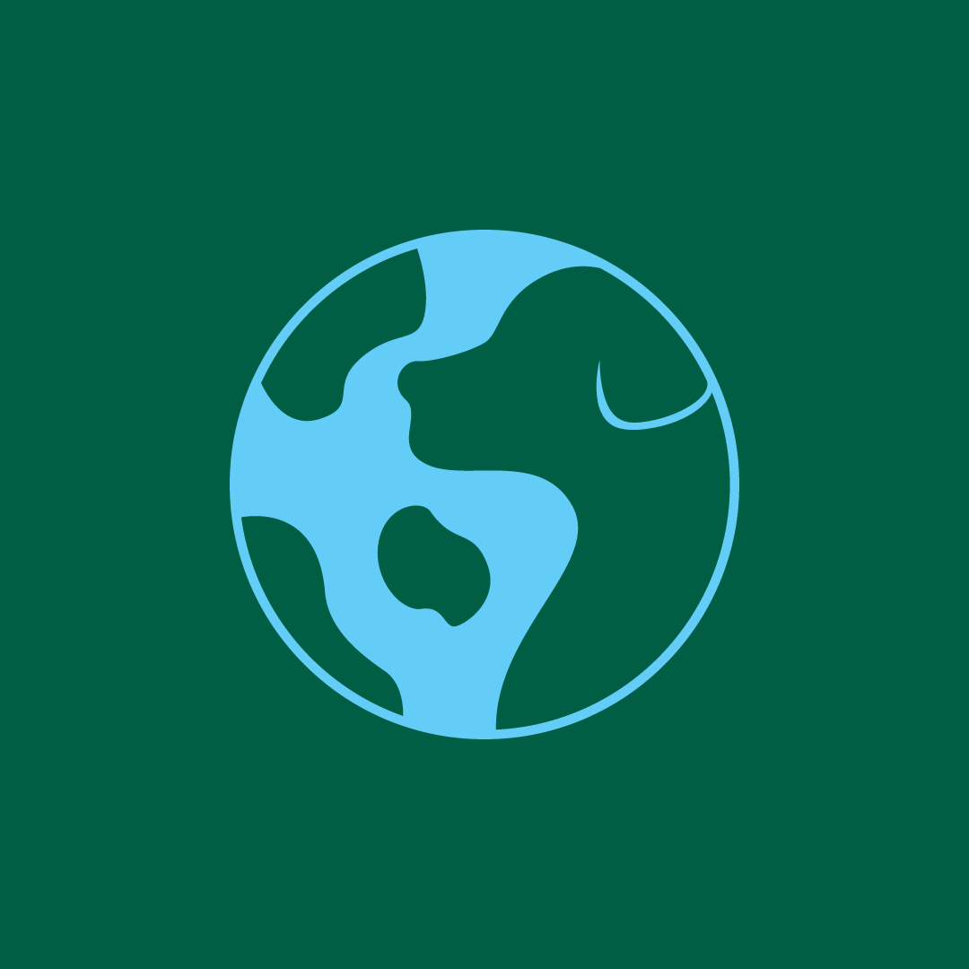 Simplified illustration of the Earth showing continents in dark green and oceans in light blue, on a dark green background.