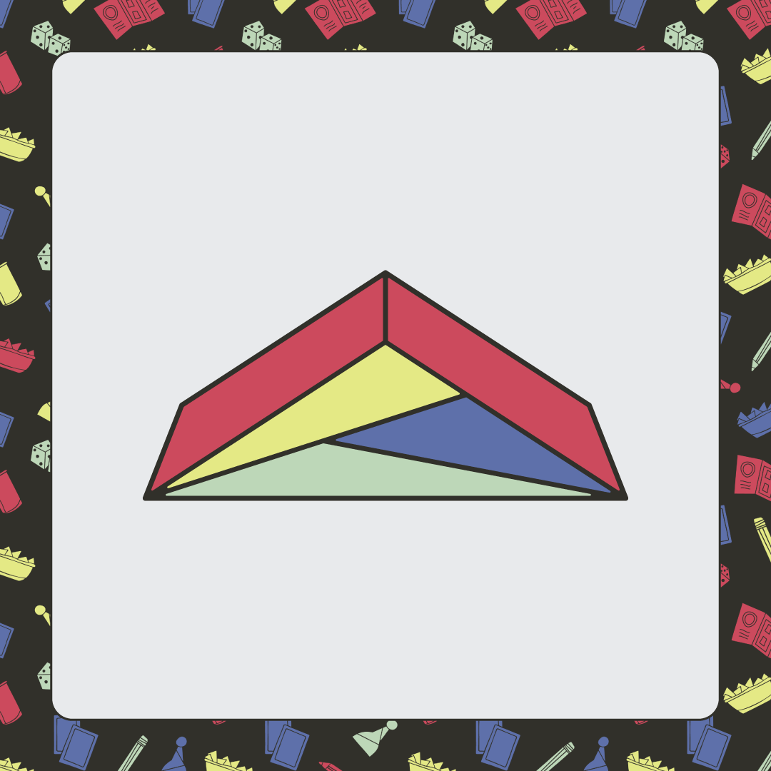 A colorful three-dimensional pyramid shape with red, yellow, blue, and green sections on a white background, surrounded by a black border with game-related icons.