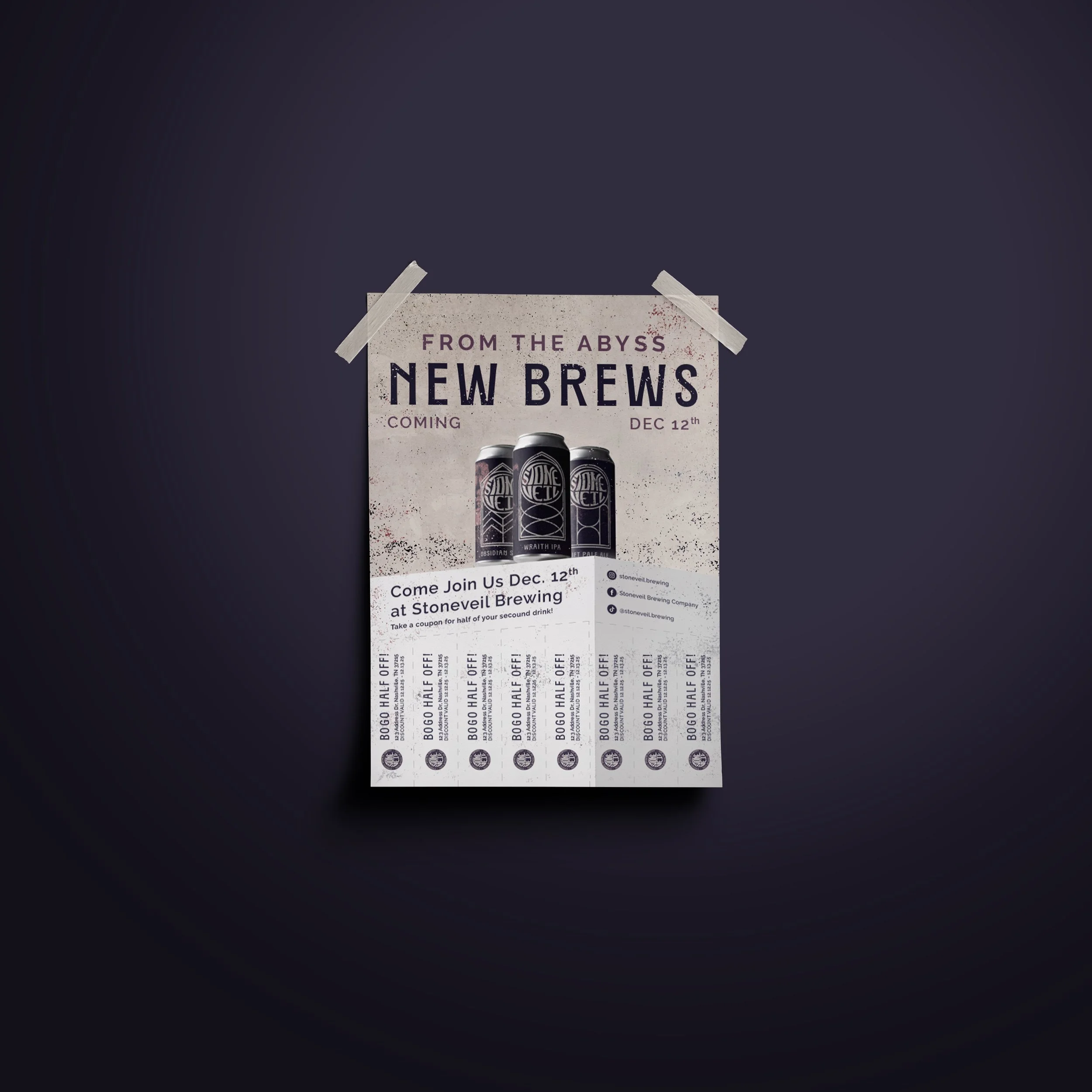 Promotion poster for a new beer release at Stoneveil Brewing, featuring cans of the beer, with text stating 'From the Abyss, New Brews, Coming Dec 12th, Come Join Us Dec 12th at Stoneveil Brewing.' The poster includes social media handles and a barcode at the bottom.