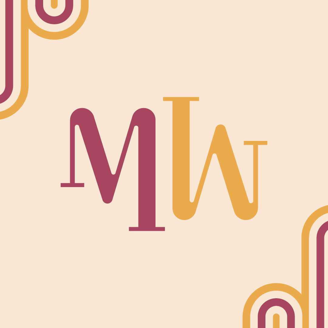 Stylized text spelling 'IMW' in purple and orange colors on a beige background, with decorative corner borders in matching colors.