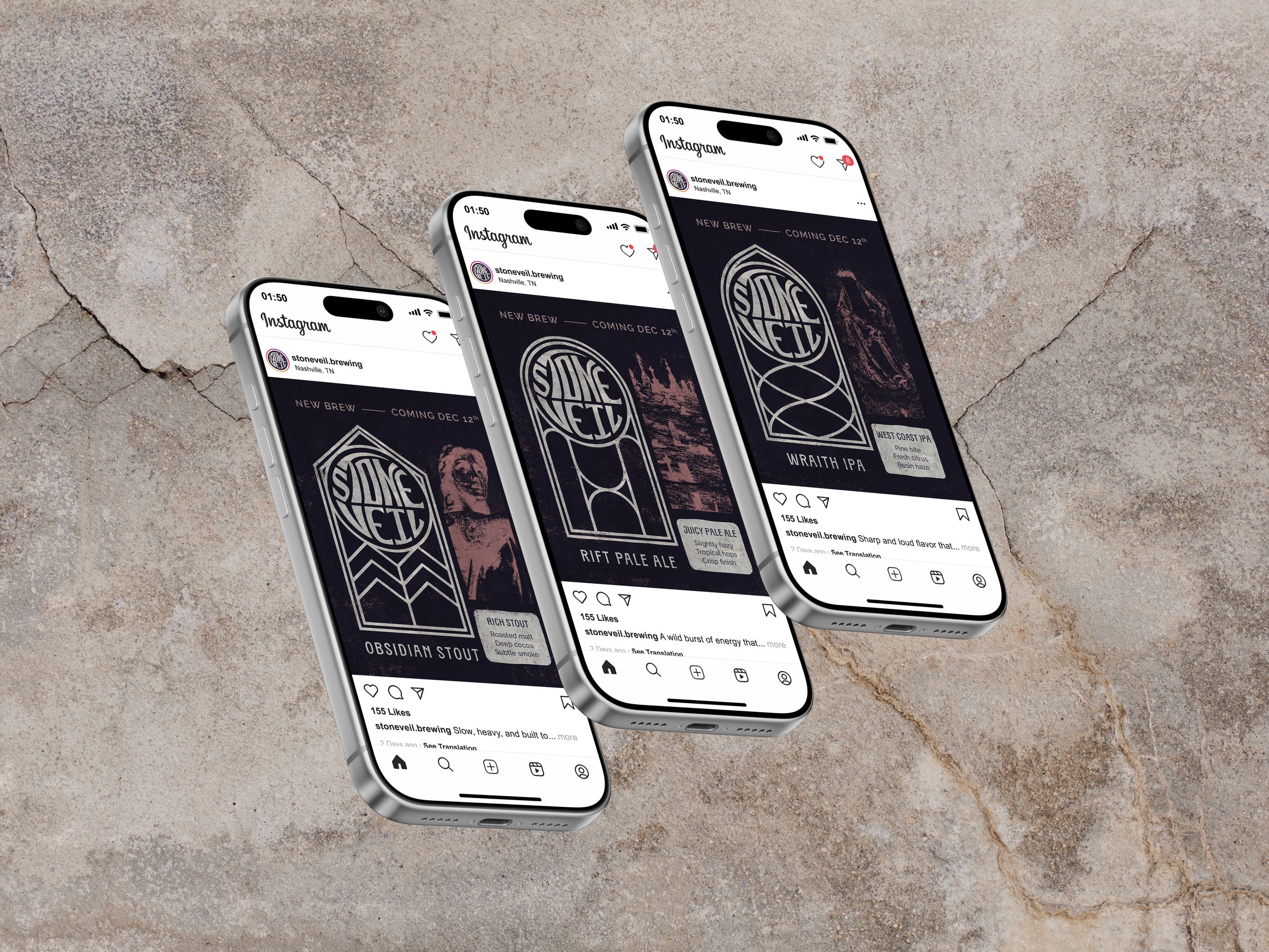 Three smartphones displaying Instagram posts about Stoneveil Brewing, with beer label designs and descriptions on a textured surface.
