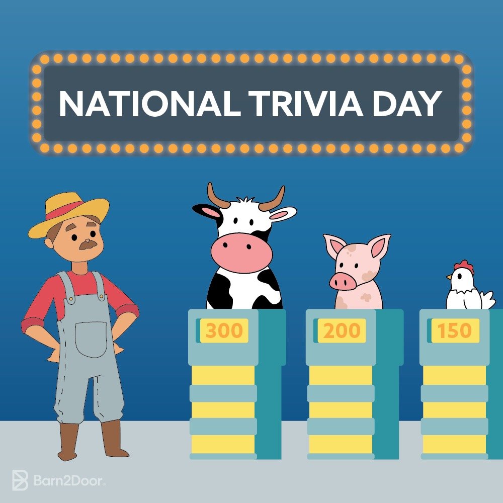 Illustration celebrating National Trivia Day featuring a farmer, cow, pig, and chicken with point values of 300, 200, and 150 on podiums respectively.