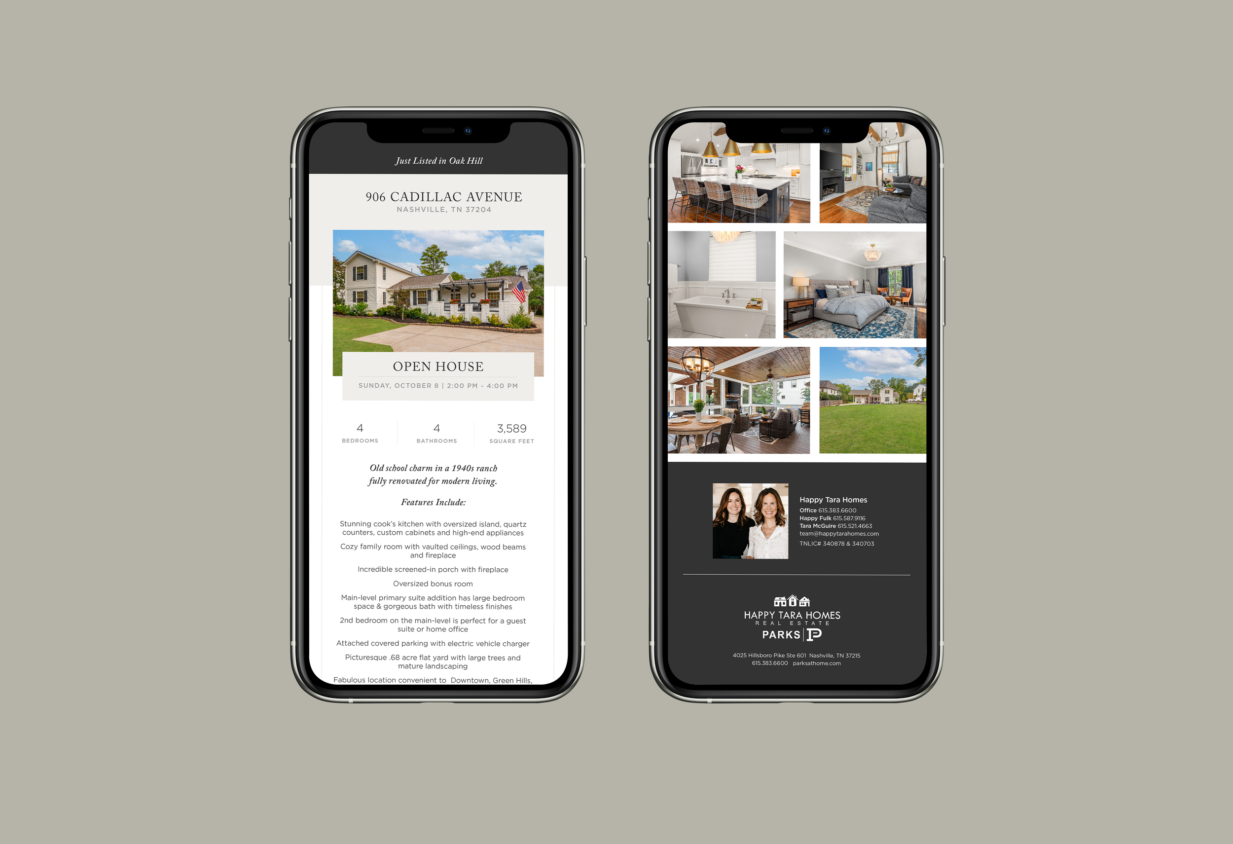 Two smartphones displaying real estate listings. The left phone shows a property at 906 Cadillac Avenue, Nashville, TN, with a photo of a house and details about features and an open house event. The right phone displays interior photos of a house, including a kitchen, living room, bathroom, bedroom, porch, and a backyard, along with contact information for a real estate agent.