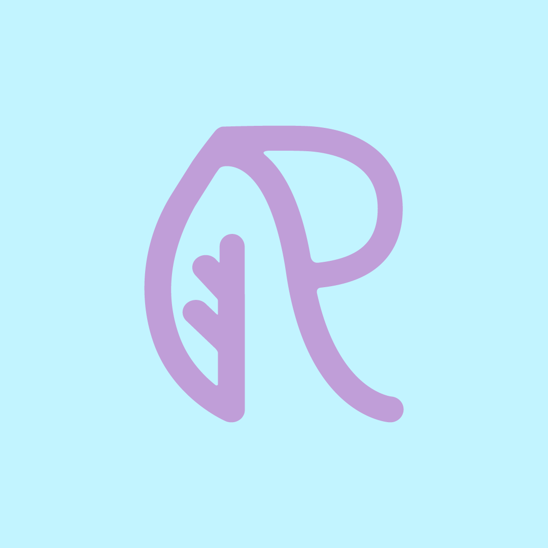 A purple letter R with a leaf design inside on a light blue background.