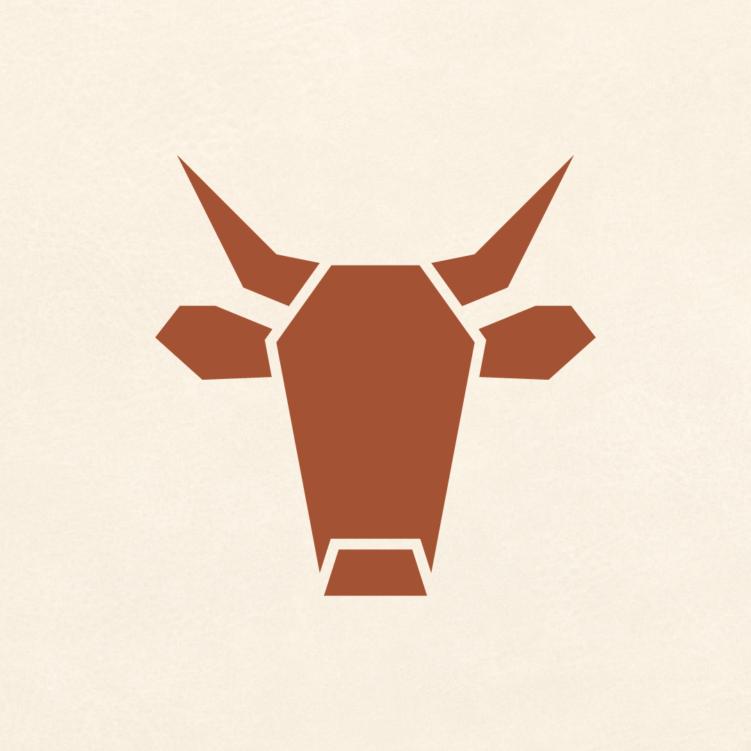 Minimalist geometric illustration of a brown goat's head on a beige background.